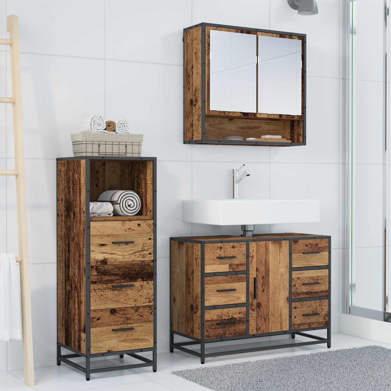 Ensemble de mobilier de salle de bain 3 pc Bois Ancien