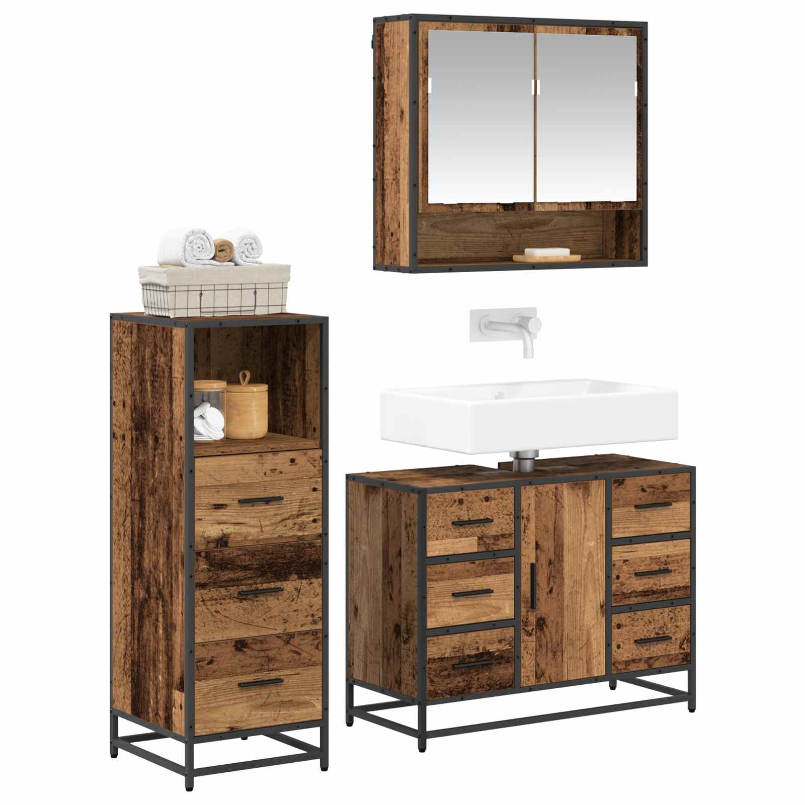 Ensemble de mobilier de salle de bain 3 pc Bois Ancien