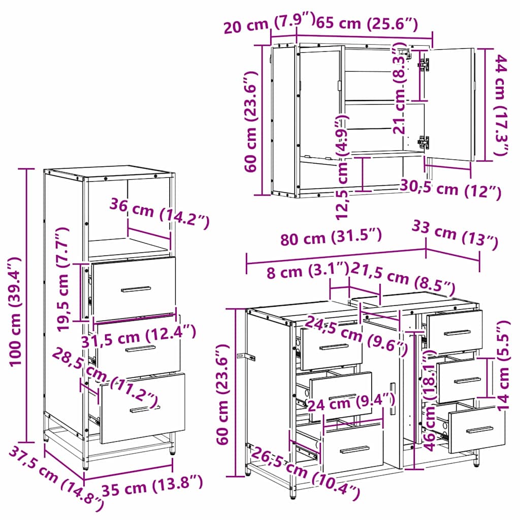 Ensemble de mobilier de salle de bain 3 pc Chêne noir