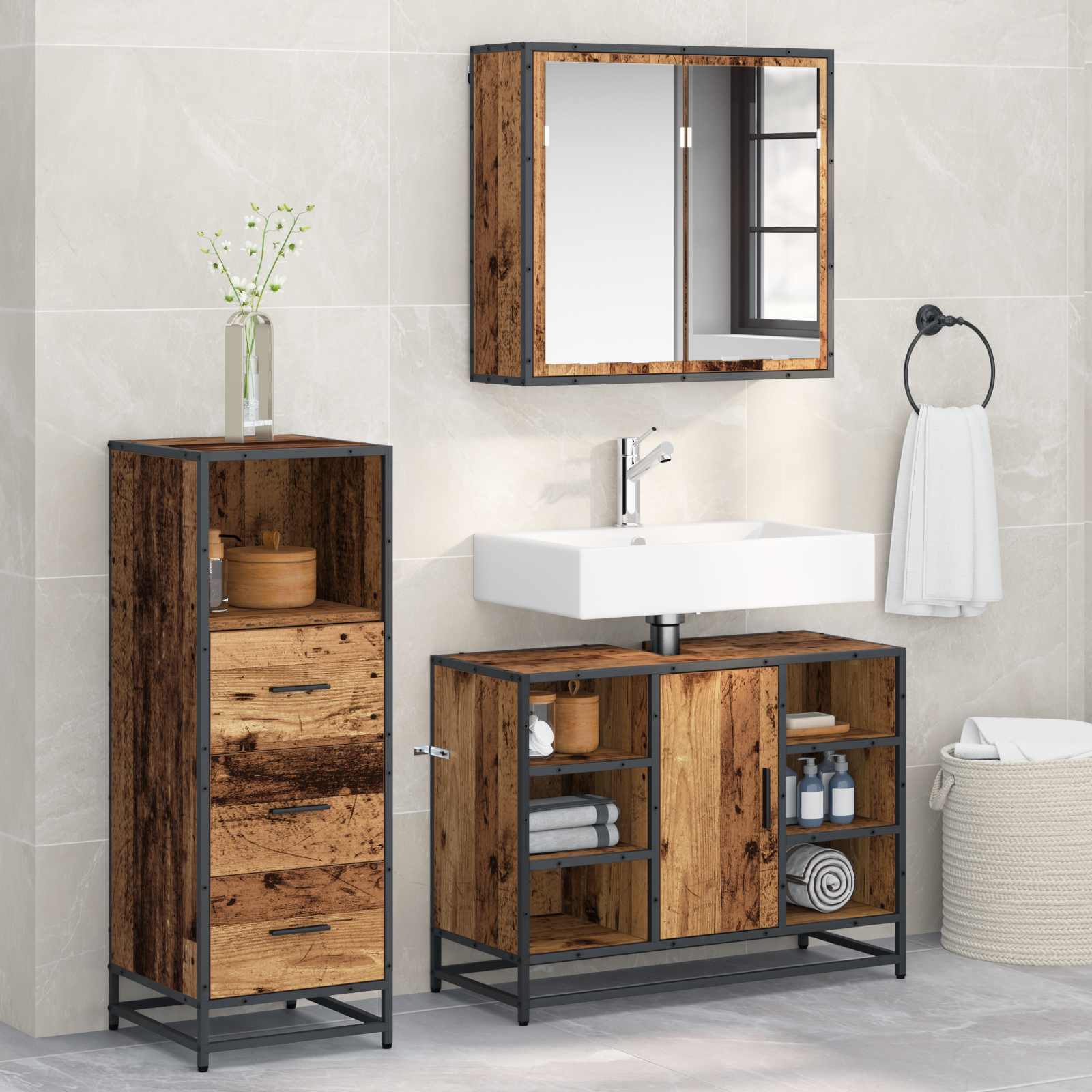 Ensemble de mobilier de salle de bain 3 pc Bois Ancien