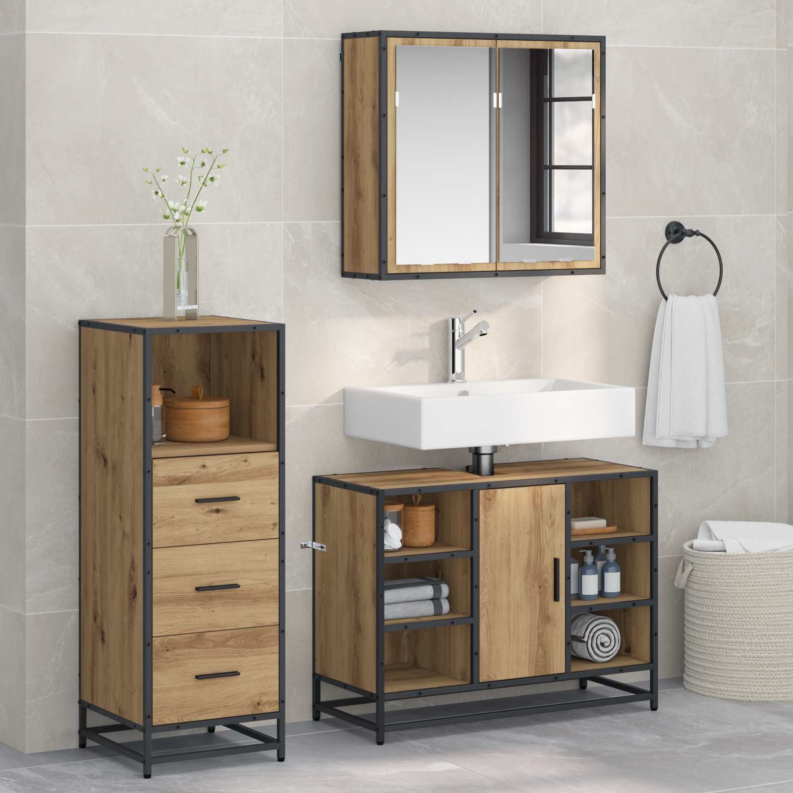 Ensemble de mobilier de salle de bain 3 pc Chêne artisanal
