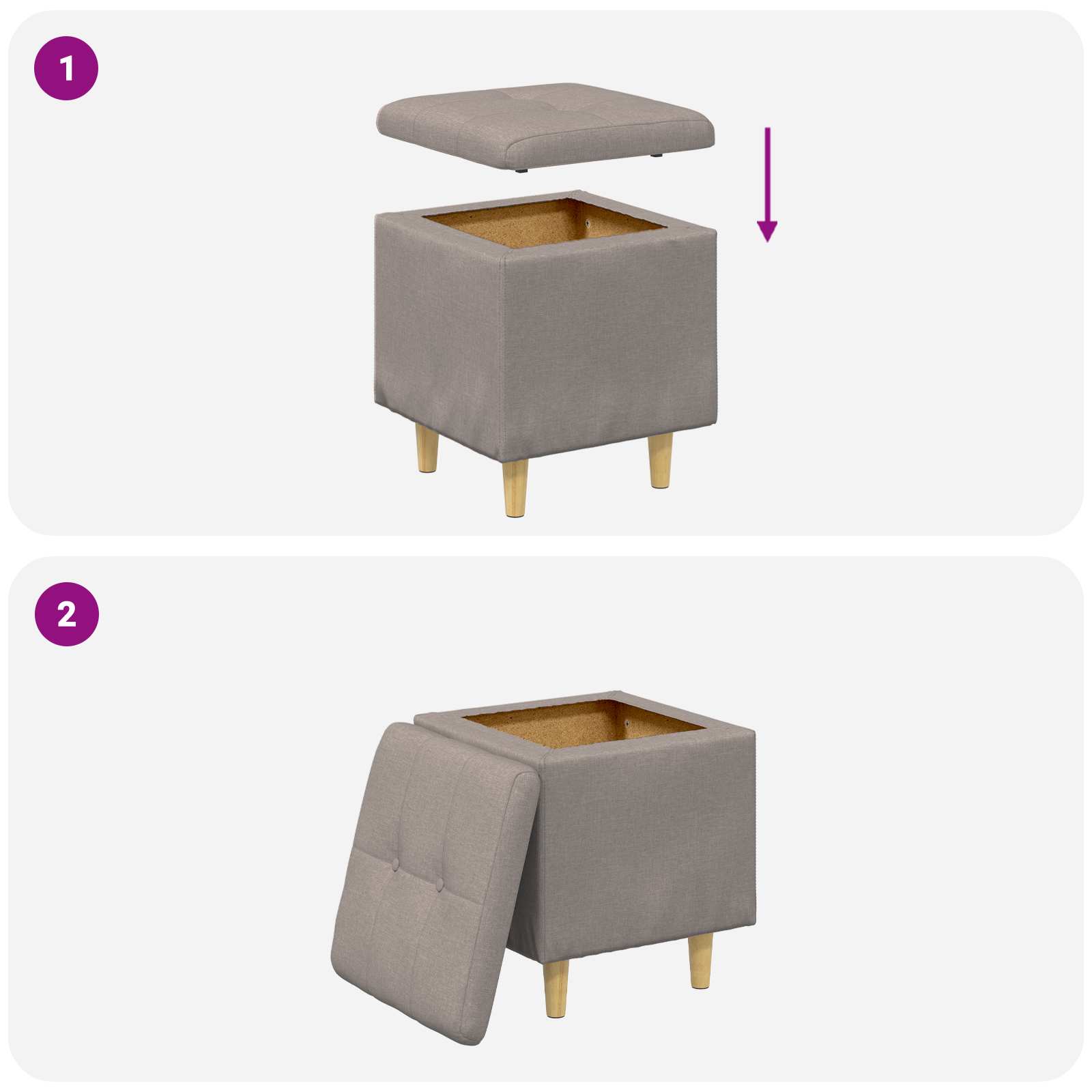 Pouf de rangement avec coussin Taupe 40 x 40 x 45 cm tissu - XIOS