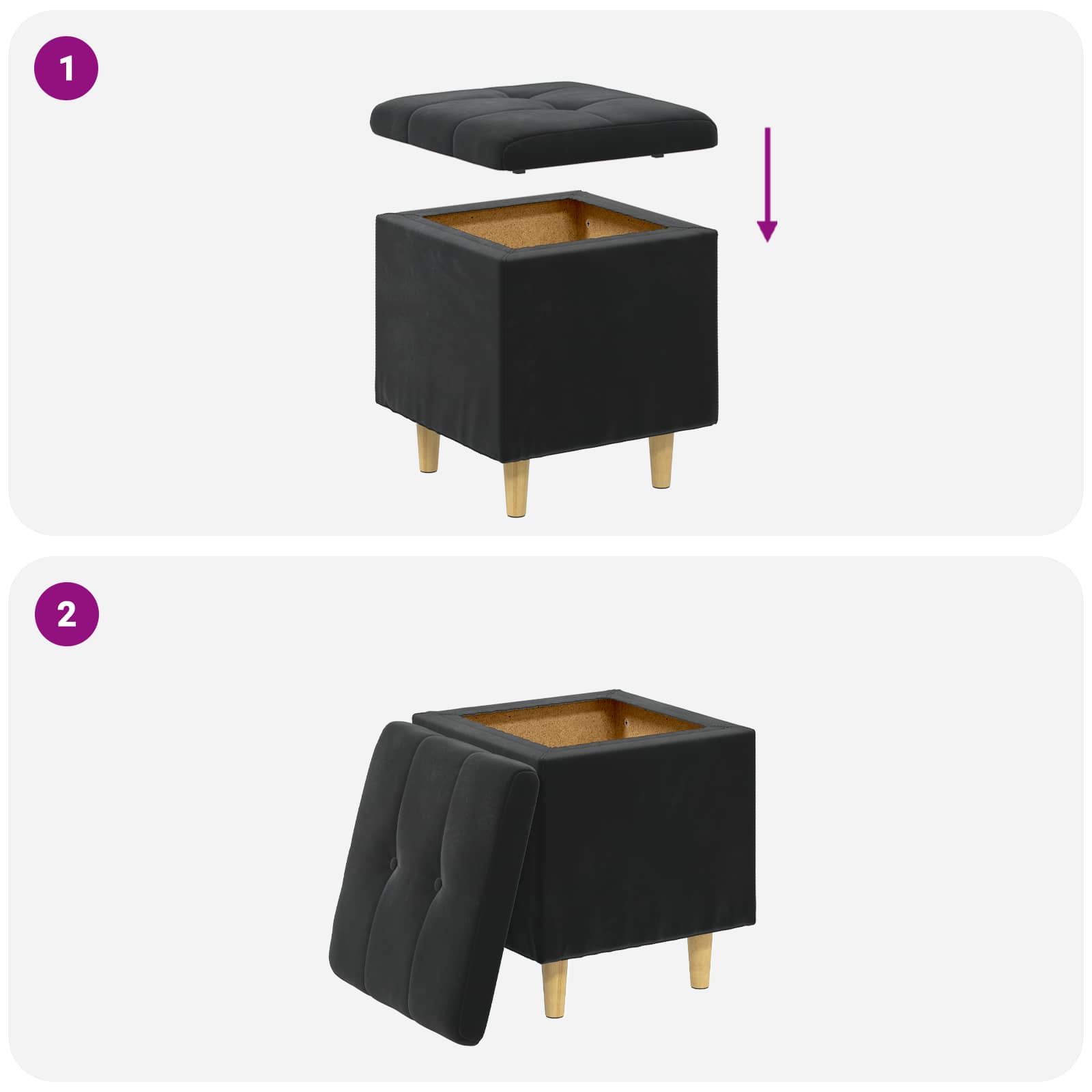 Pouf de rangement avec coussin Noir 40 x 40 x 45 cm Velours - XIOS