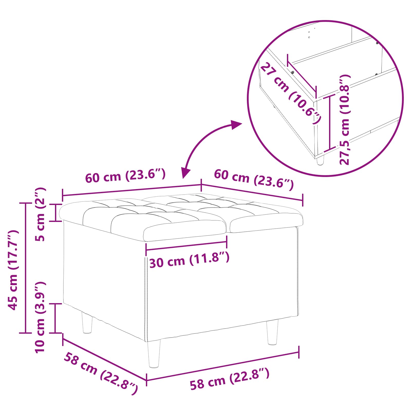 Pouf de rangement avec coussin Gris clair 60 x 60 x 45 cm tissu - XIOS