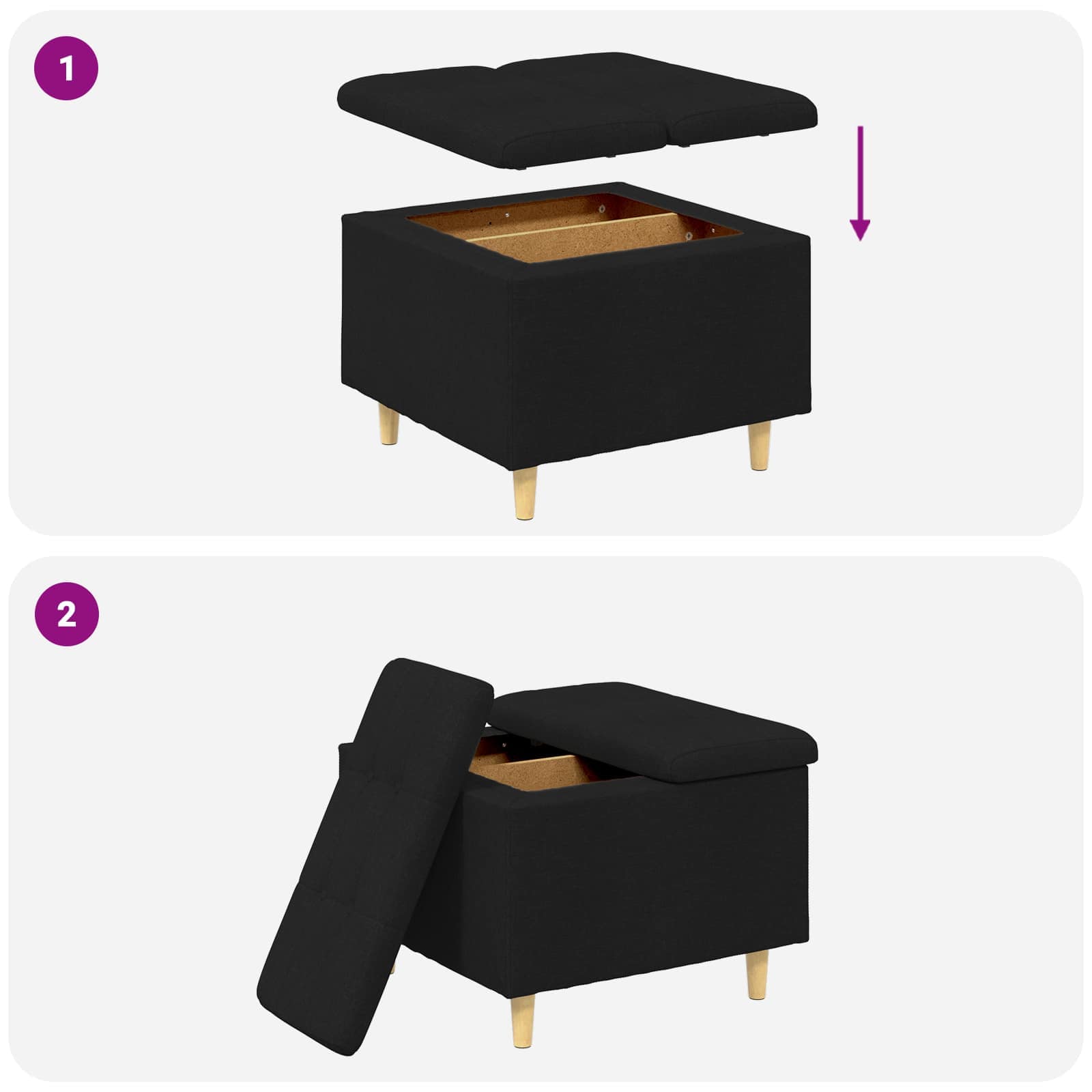 Pouf de rangement avec coussin Noir 60 x 60 x 45 cm tissu - XIOS