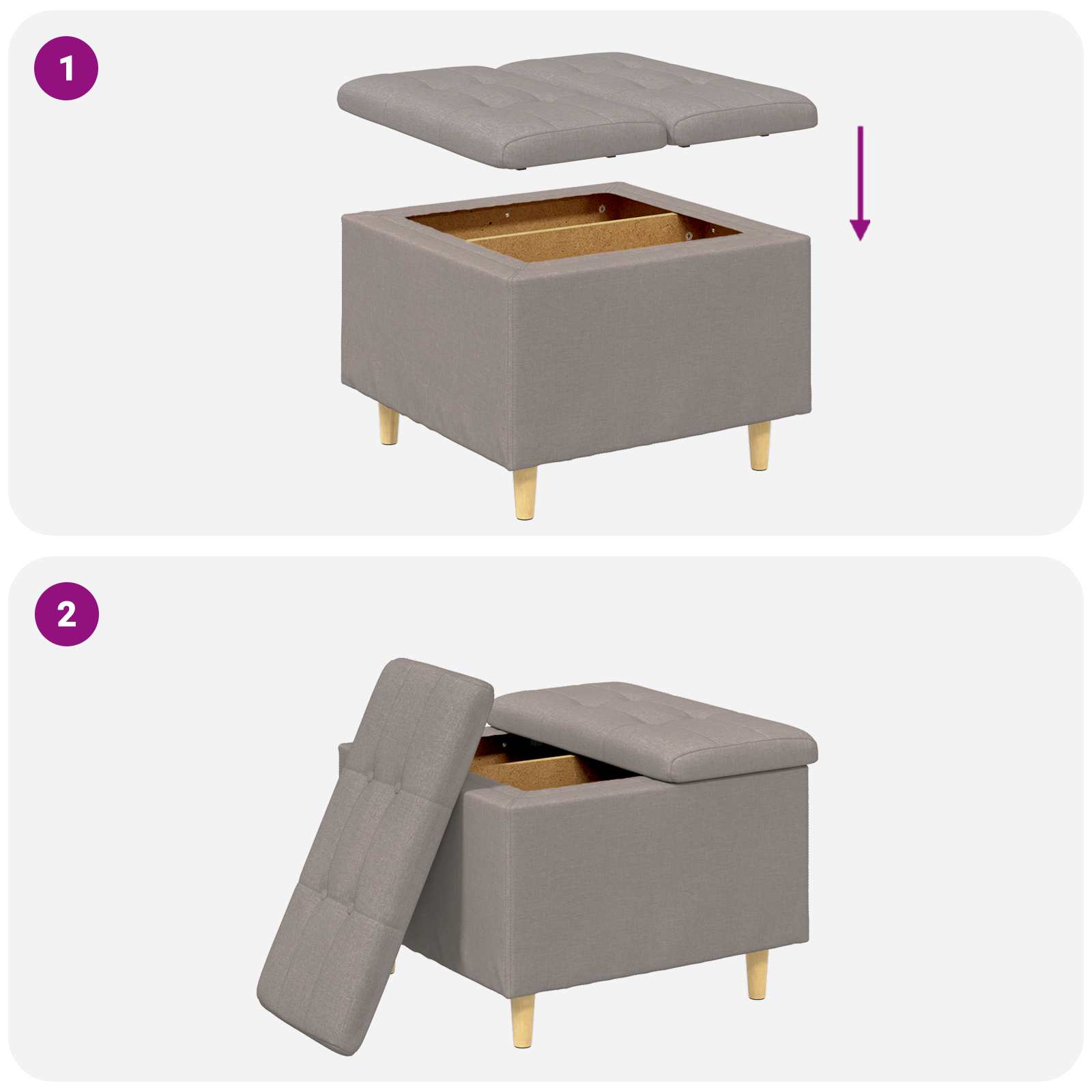 Pouf de rangement avec coussin Taupe 60 x 60 x 45 cm tissu - XIOS