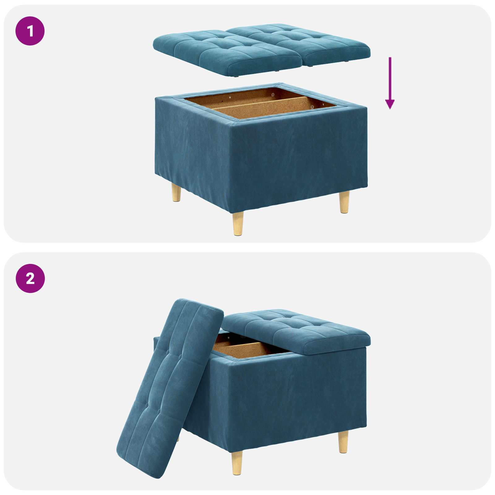Pouf de rangement avec coussin Bleu 60 x 60 x 45 cm Velours - XIOS