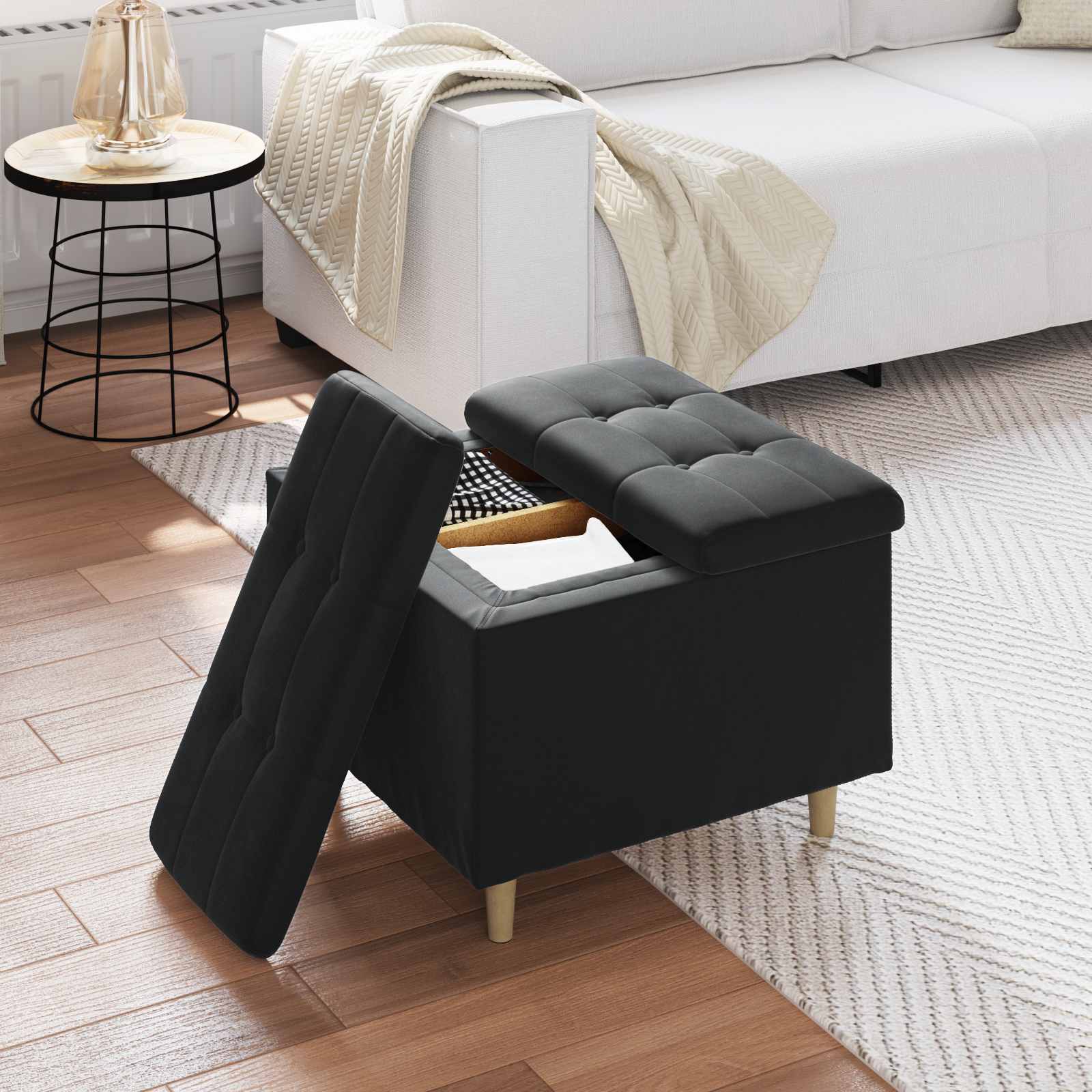 Pouf de rangement avec coussin Noir 60 x 60 x 45 cm Velours - XIOS