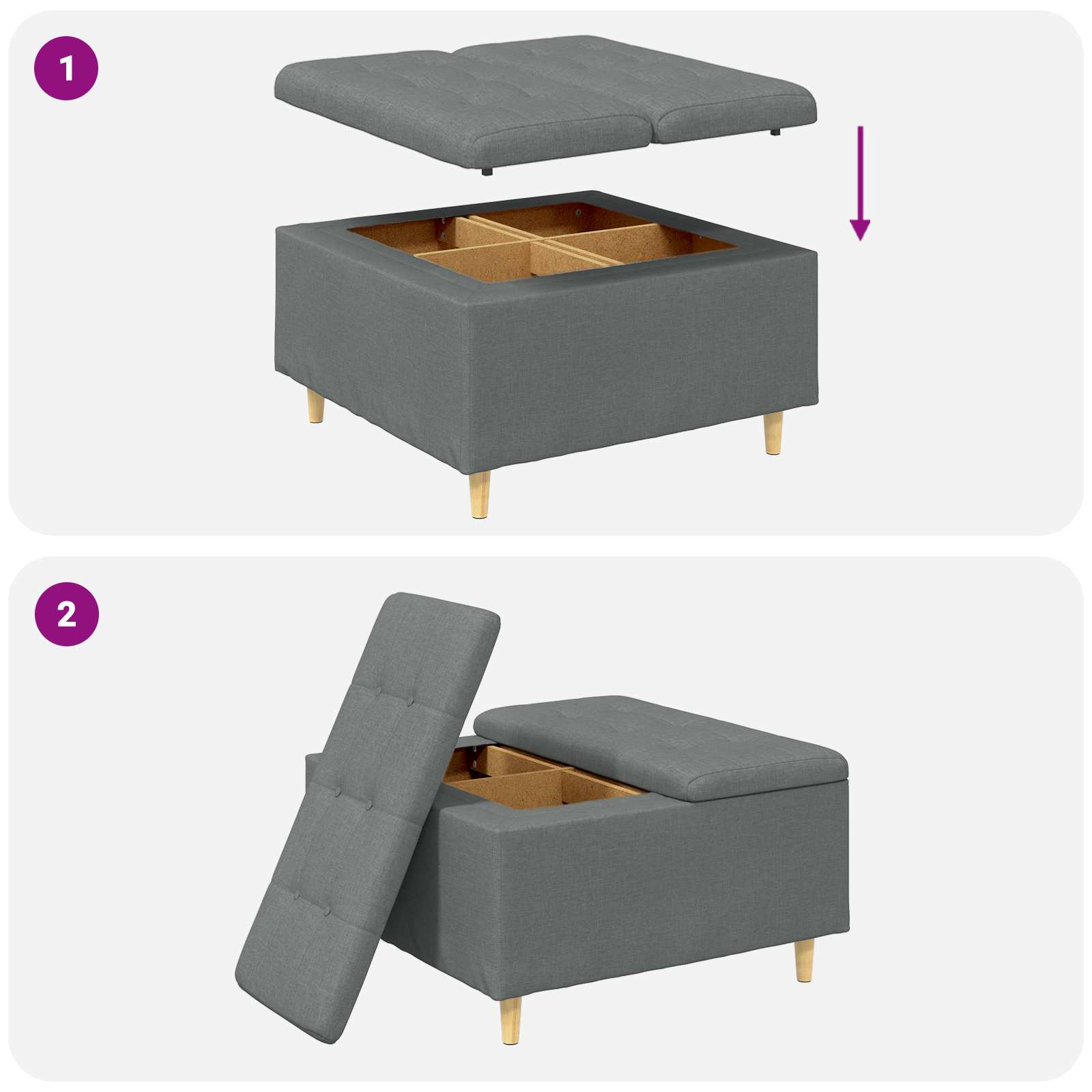 Tabouret bouton avec coussin Gris foncé 80 x 80 x 45 cm tissu - XIOS