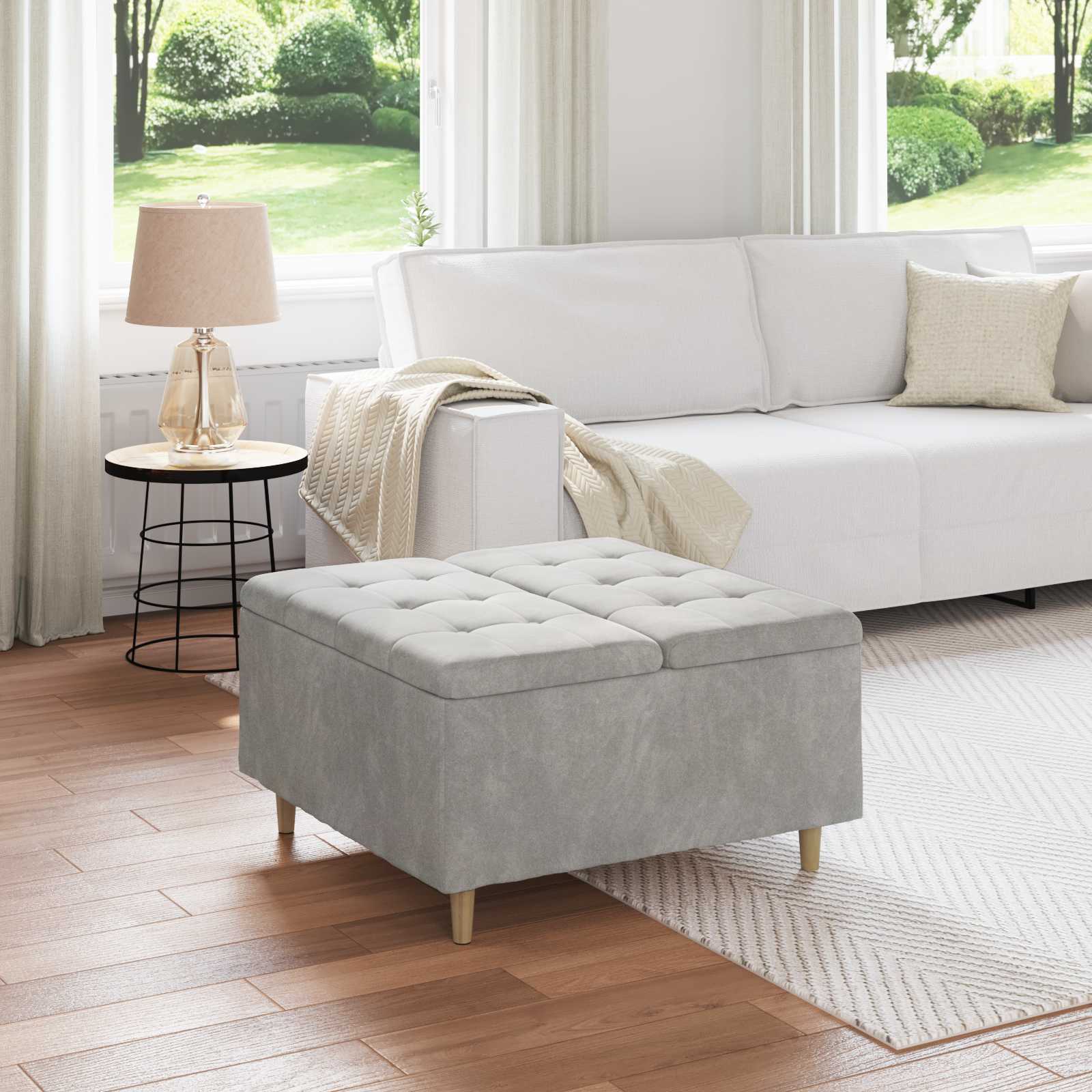 Tabouret bouton avec coussin Gris clair 80 x 80 x 45 cm Velours - XIOS