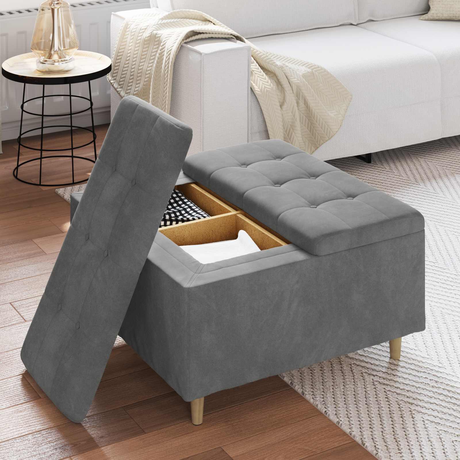 Tabouret bouton avec coussin Gris foncé 80 x 80 x 45 cm Velours - XIOS