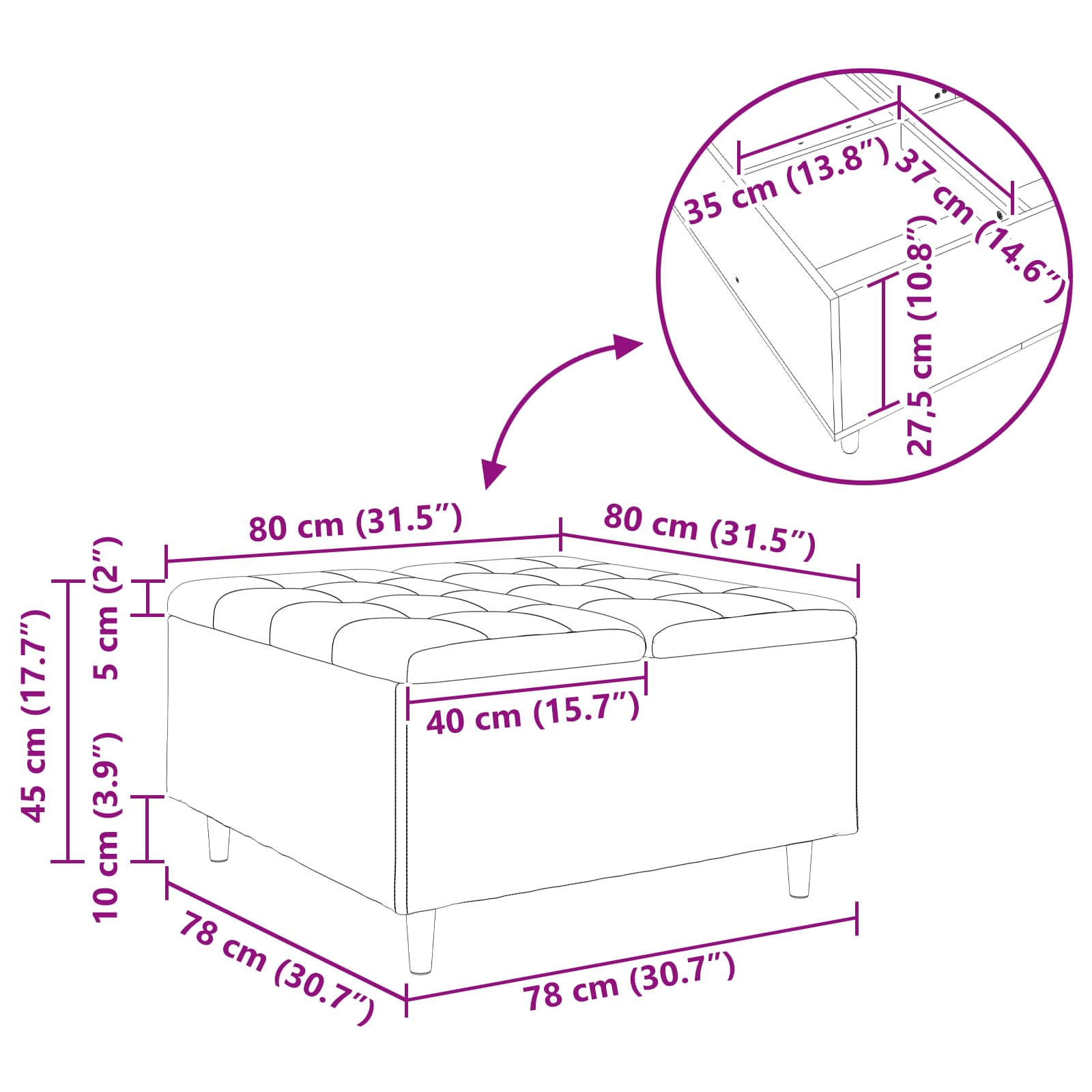 Tabouret bouton avec coussin Rose 80 x 80 x 45 cm Velours - XIOS