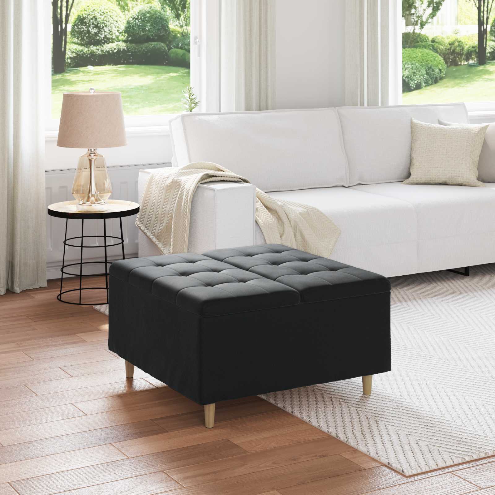 Tabouret bouton avec coussin Noir 80 x 80 x 45 cm Velours - XIOS