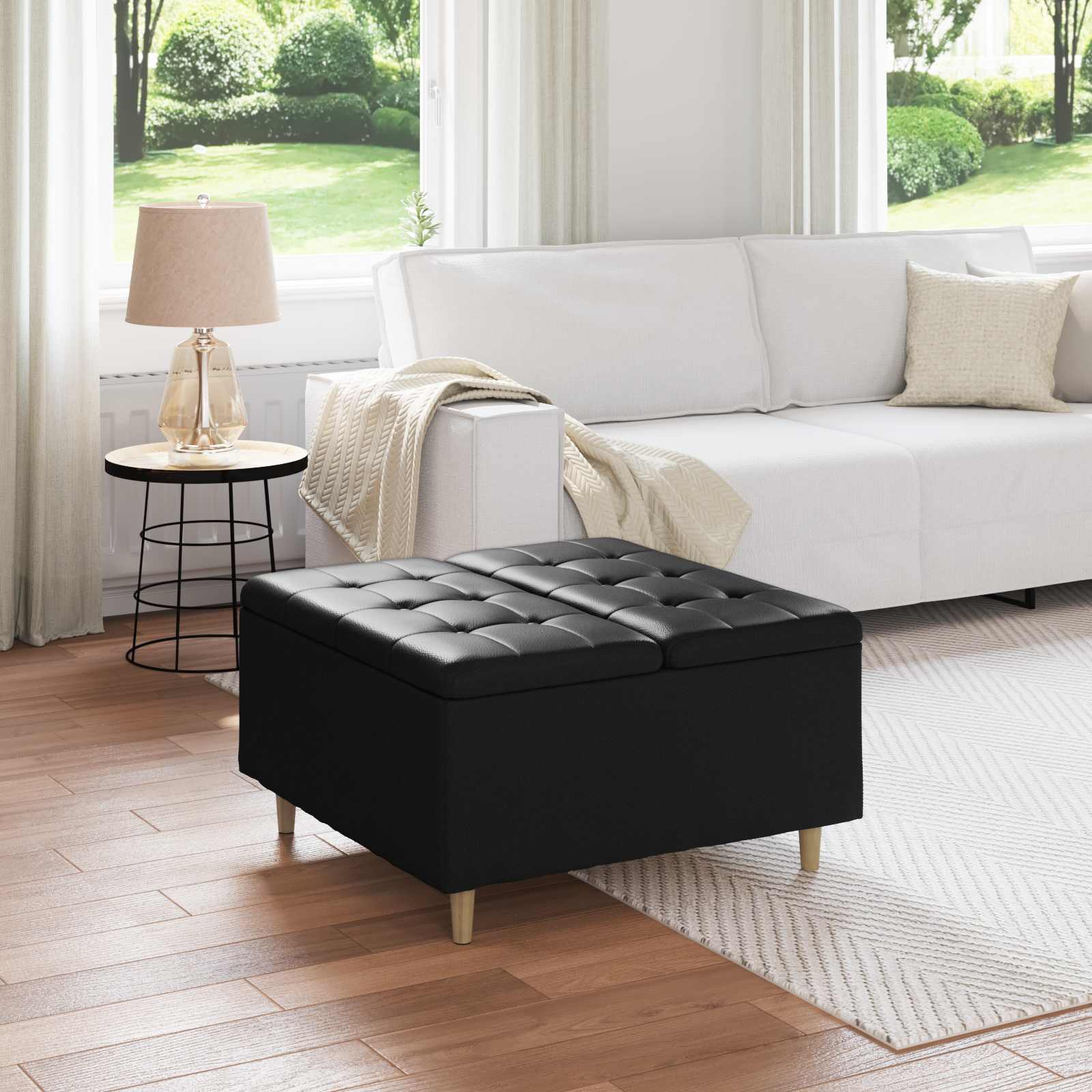 Tabouret bouton avec coussin Noir 80 x 80 x 45 cm Simili cuir - XIOS
