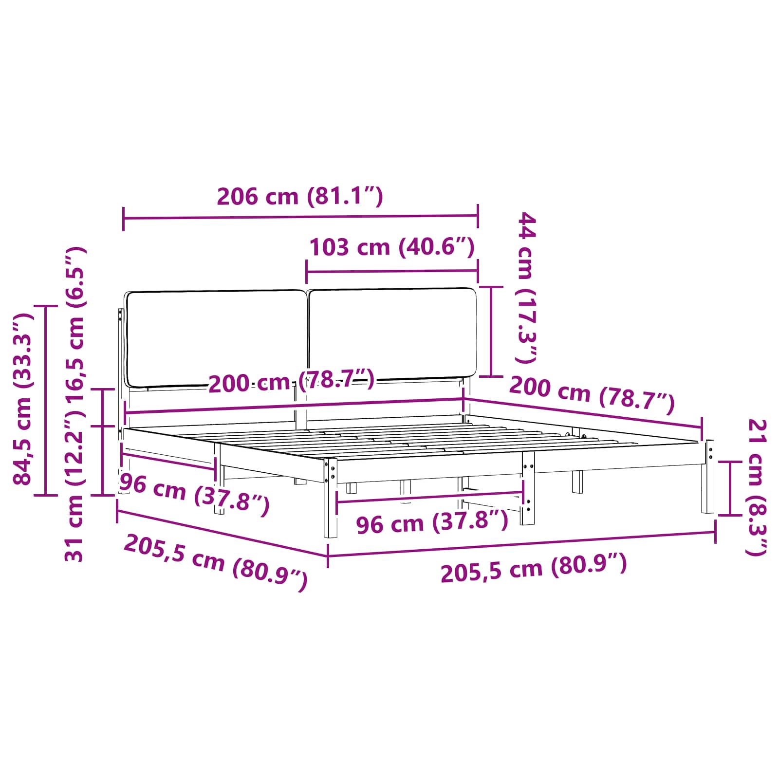 Cadre de lit avec tête de lit rembourrée Taupe 200 x 200 cm - XIOS