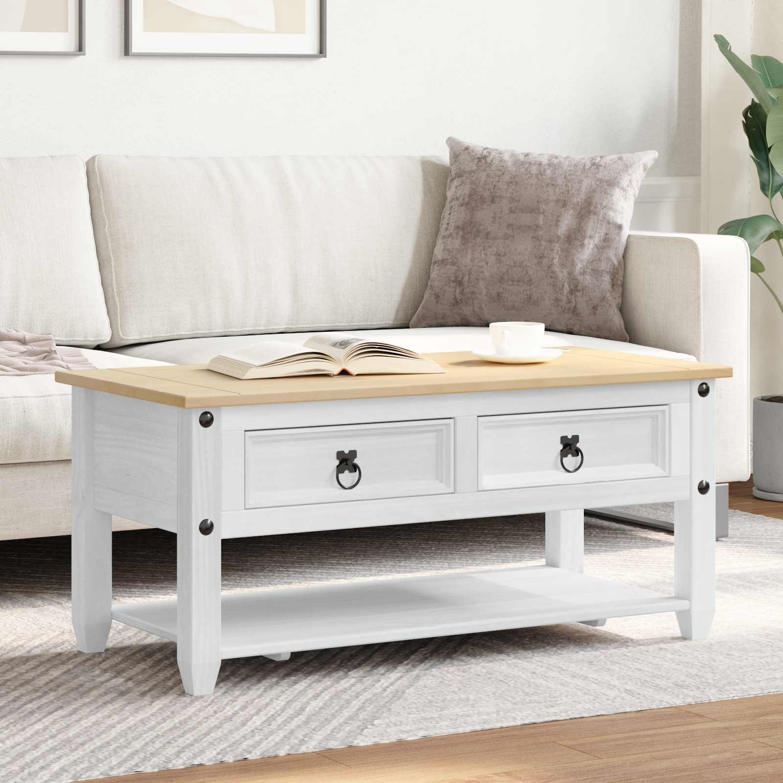 Table basse avec tiroir Blanc 100 x 48 x 45 cm Pin massif - XIOS
