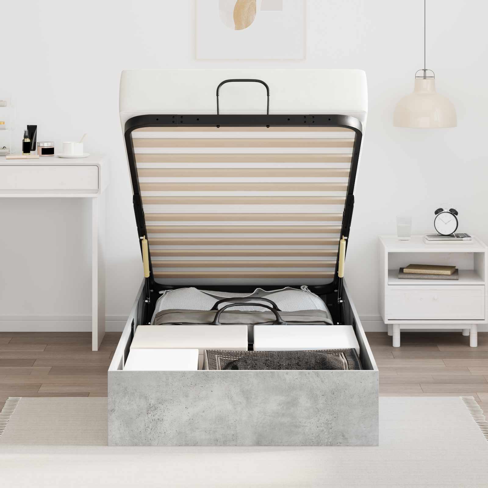 Cadre de lit ottoman avec stockage Gris béton 193 x 120 x 25 cm - XIOS