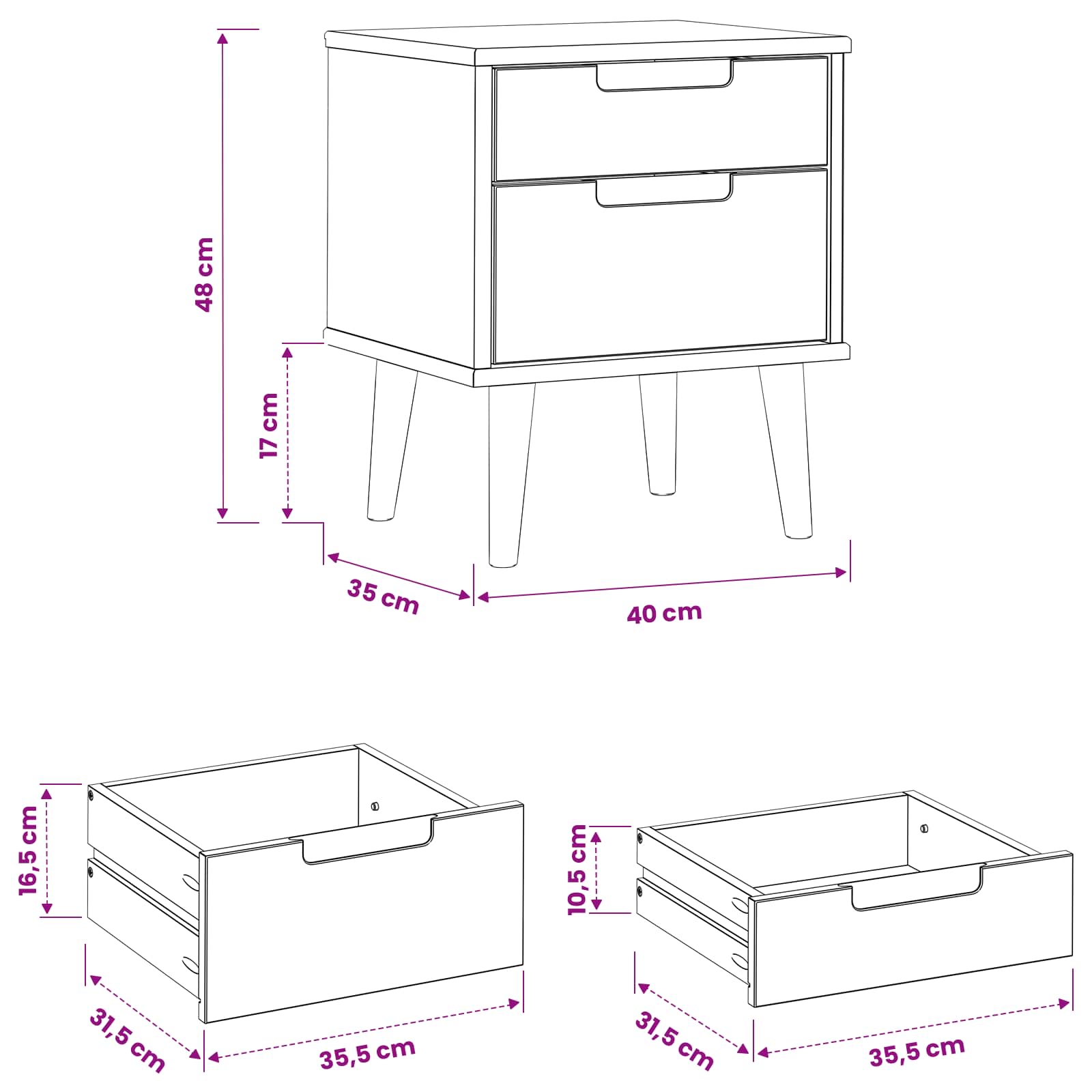 Cabinet de chevet avec tiroir Noir 40 x 35 x 48 cm Pin massif - XIOS