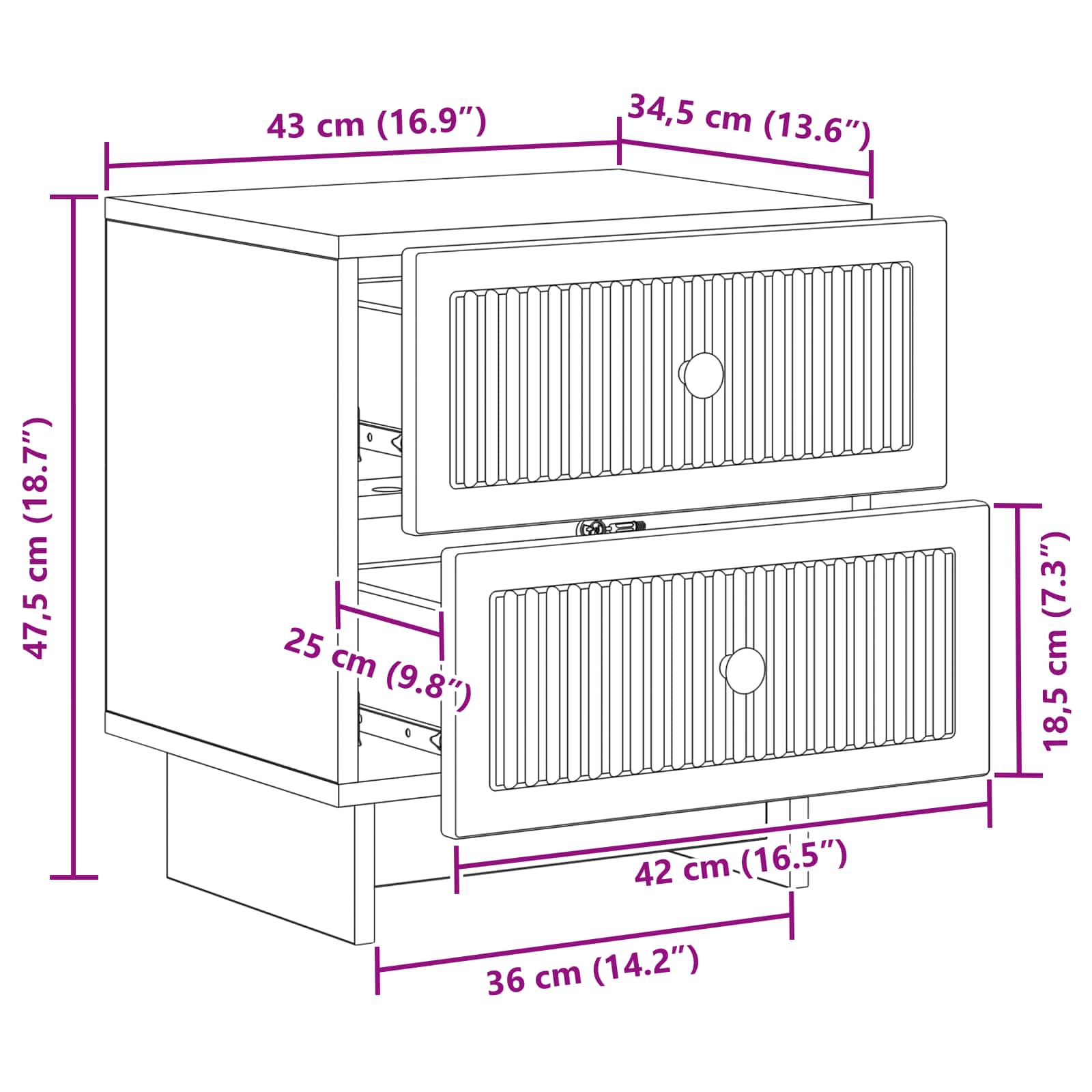Cabinet de chevet avec tiroir 2 pcs Noir 43 x 34,5 x 47,5 cm - XIOS