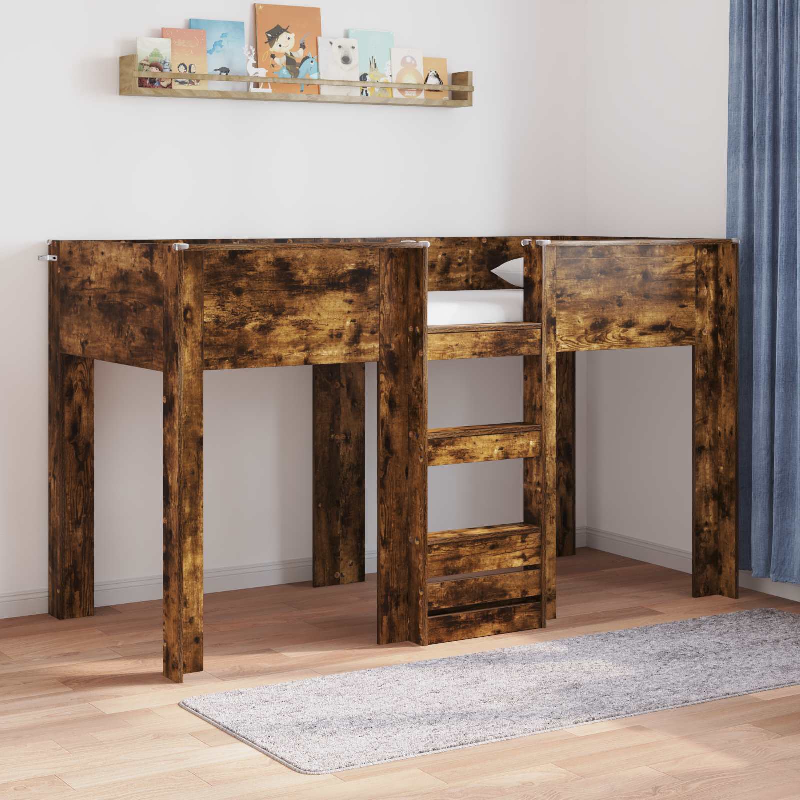 Lit Superposé pour Enfants avec stockage Chêne fumé 75 x 190 cm - XIOS