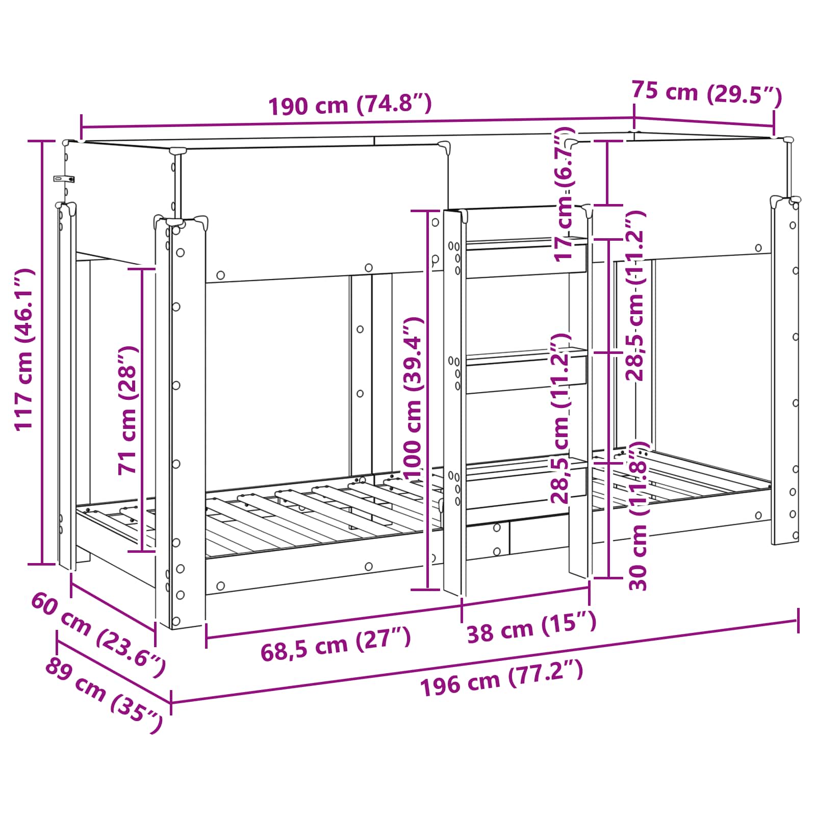 Lit Superposé pour Enfants avec matelas Bois ancien 80 x 190 cm - XIOS