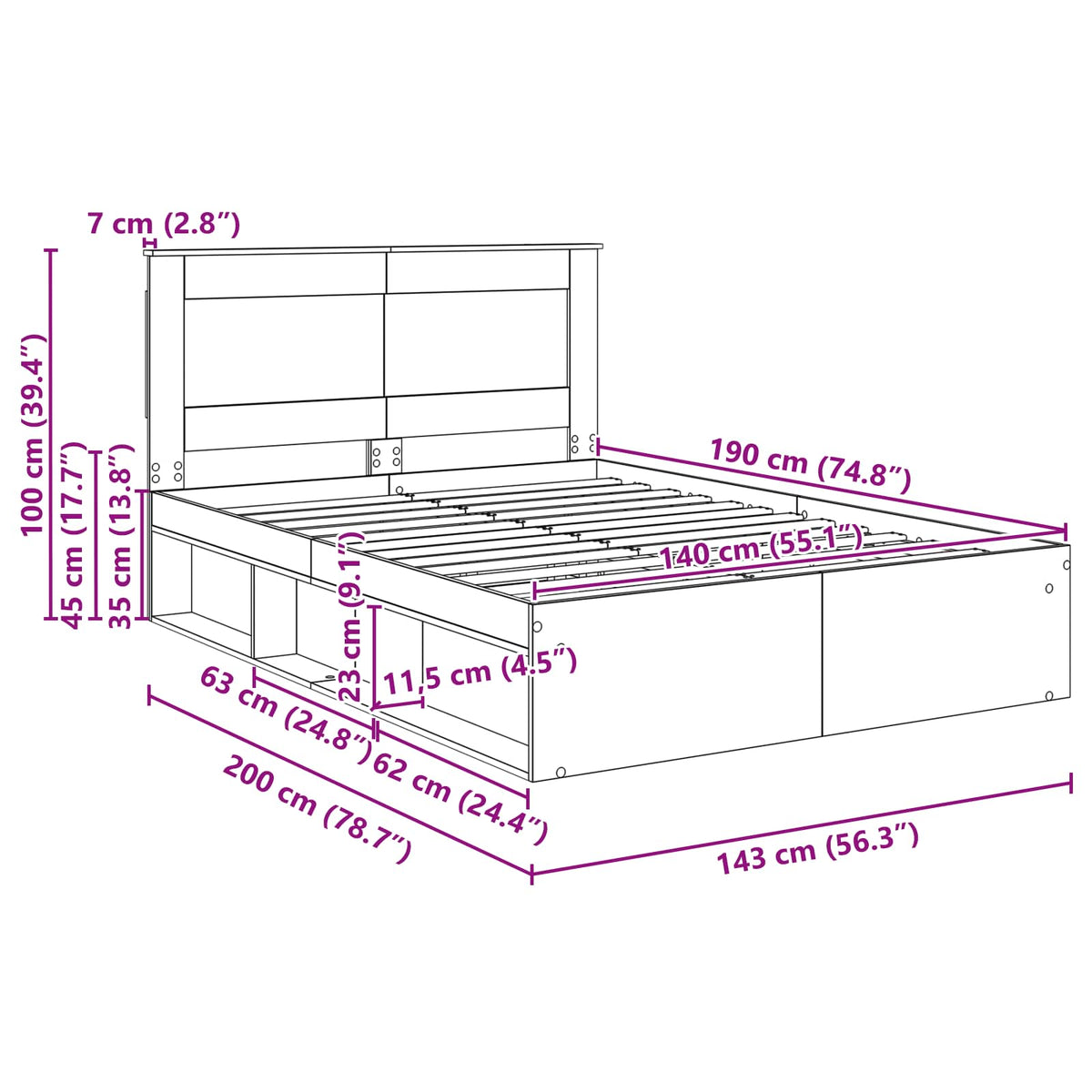 Cadre de lit Bois ancien 140 x 190 cm Pin massif