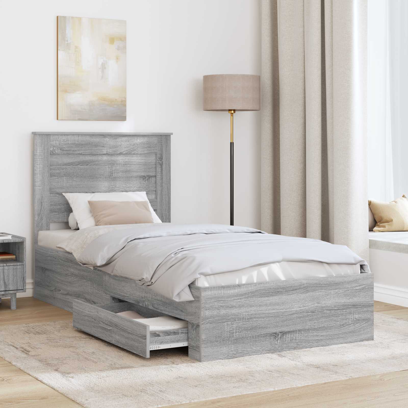 Cadre de lit avec tiroir Sonoma Gris et Argent 75 x 190 cm - XIOS
