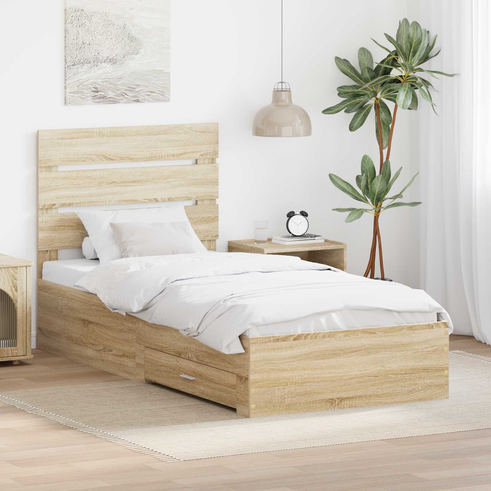 Cadre de lit avec tiroir Sonoma Chêne et Argent 75 x 190 cm - XIOS