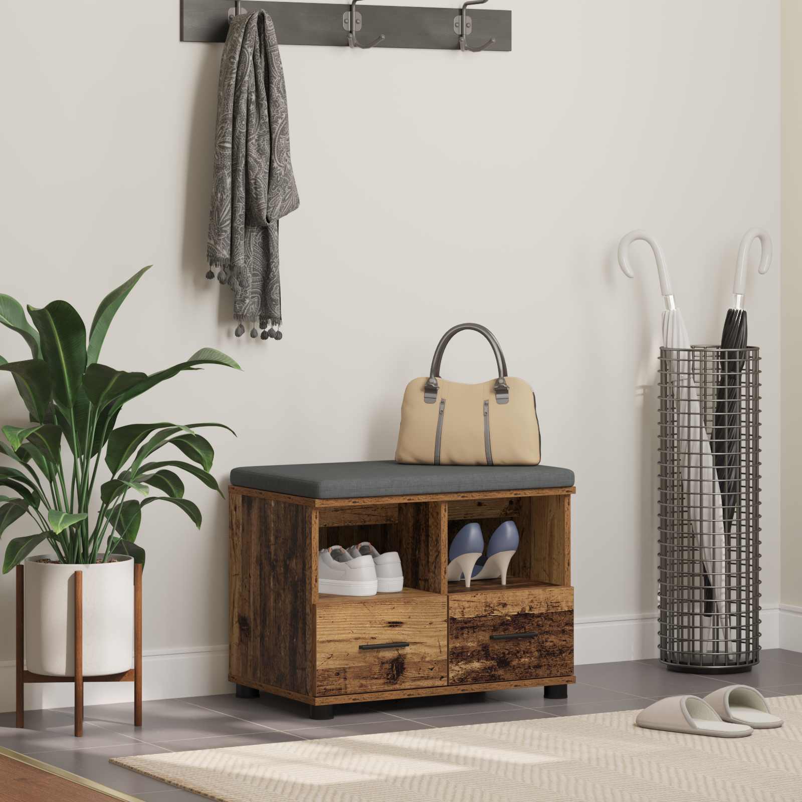 Banc d'entrée avec coussin Bois ancien 60 x 38 x 46 cm - XIOS