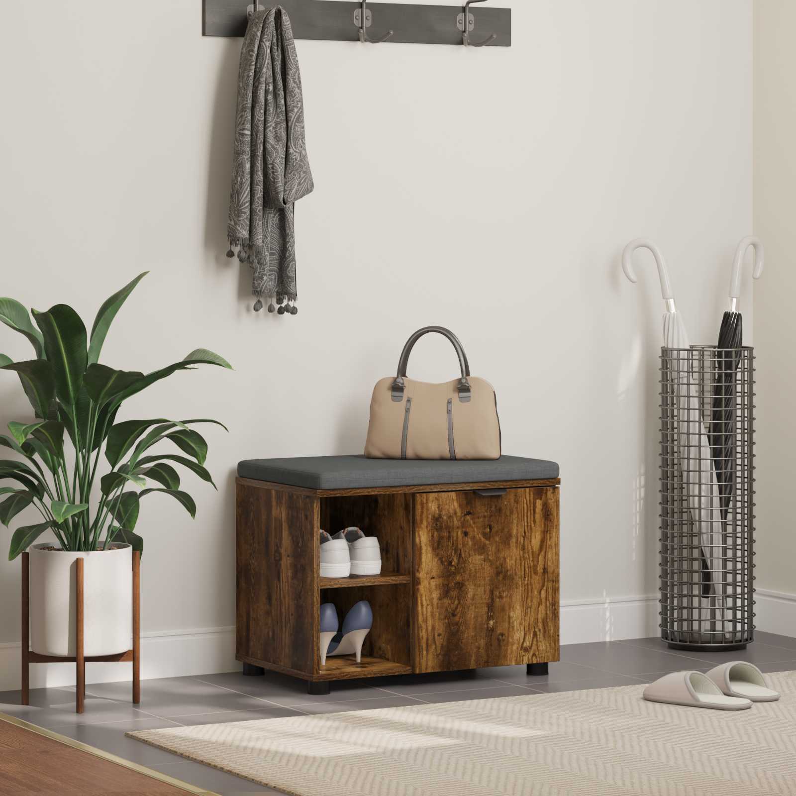 Banc d'entrée avec coussin Uni Chêne fumé 60 x 38 x 46 cm - XIOS