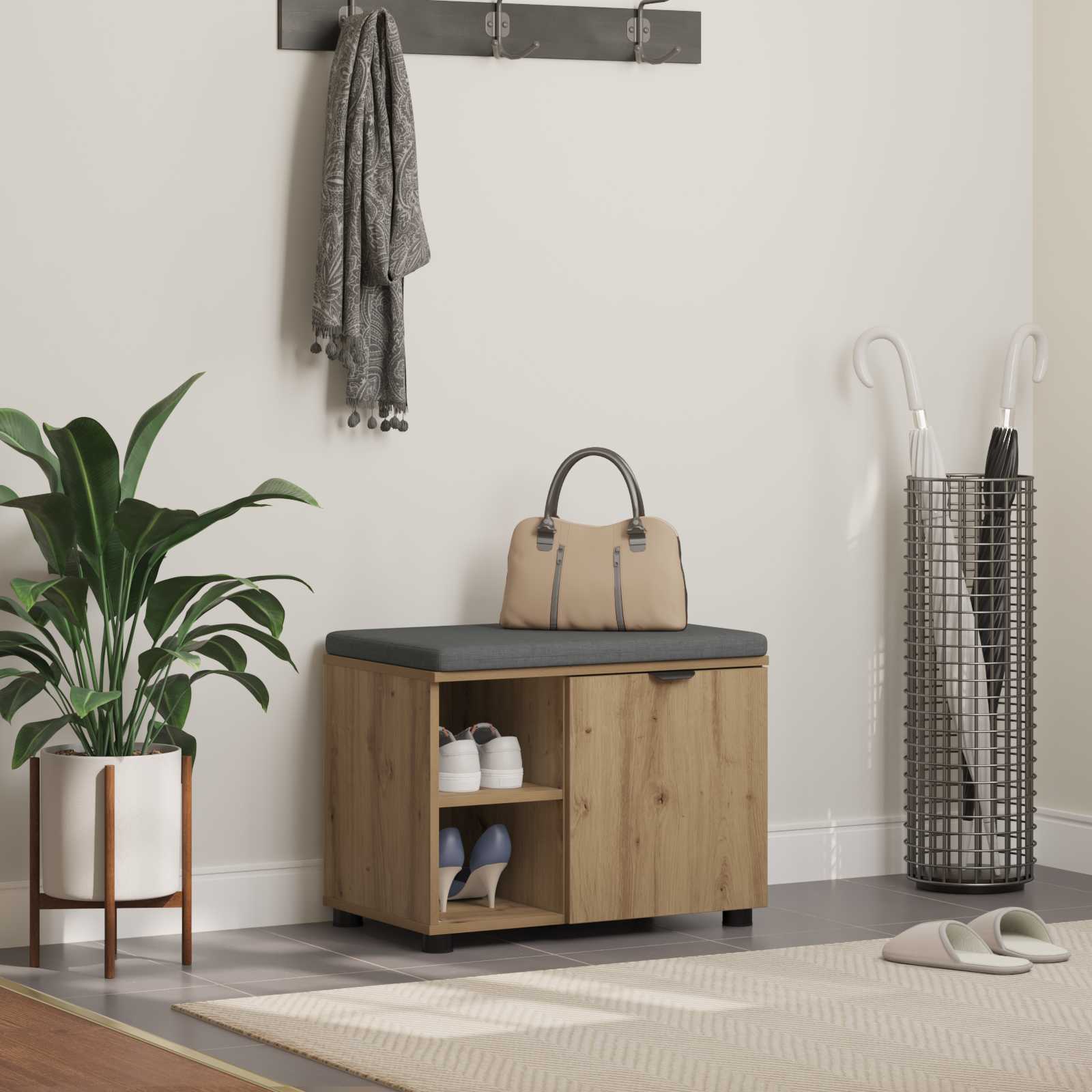 Banc d'entrée avec coussin Uni Chêne artisanal 60 x 38 x 46 cm - XIOS