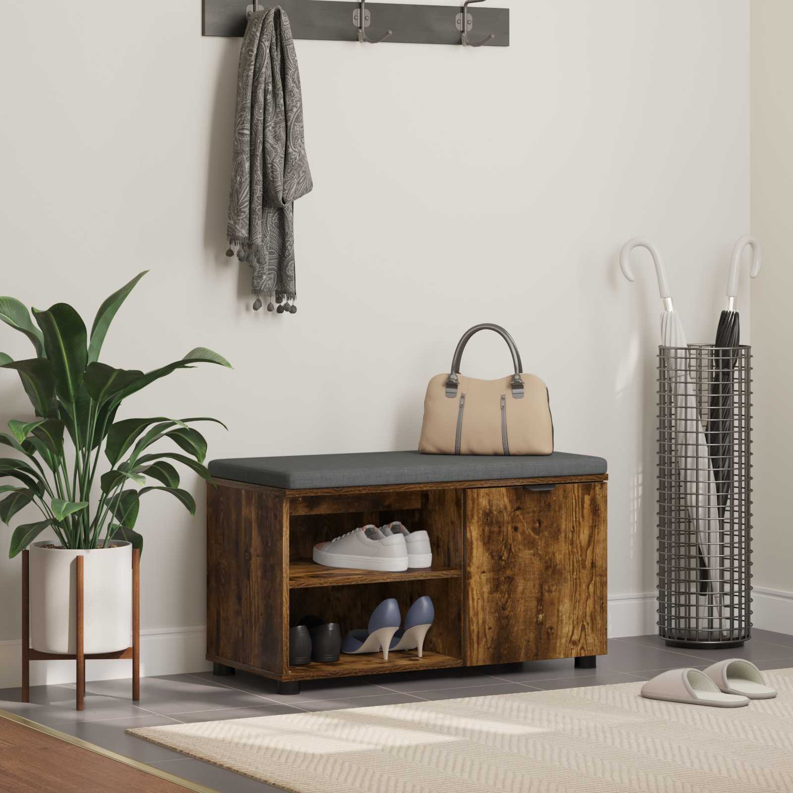 Banc d'entrée avec coussin Uni Chêne fumé 80 x 38 x 46 cm - XIOS