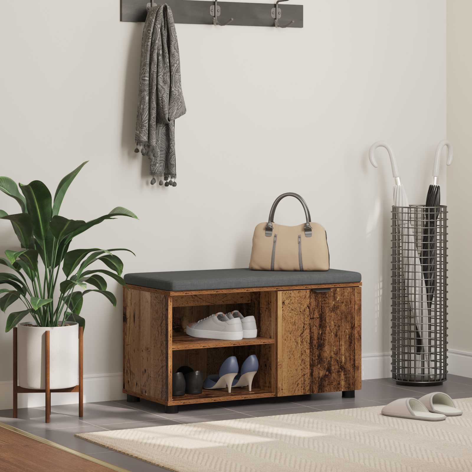 Banc d'entrée avec coussin Uni Bois ancien 80 x 38 x 46 cm - XIOS