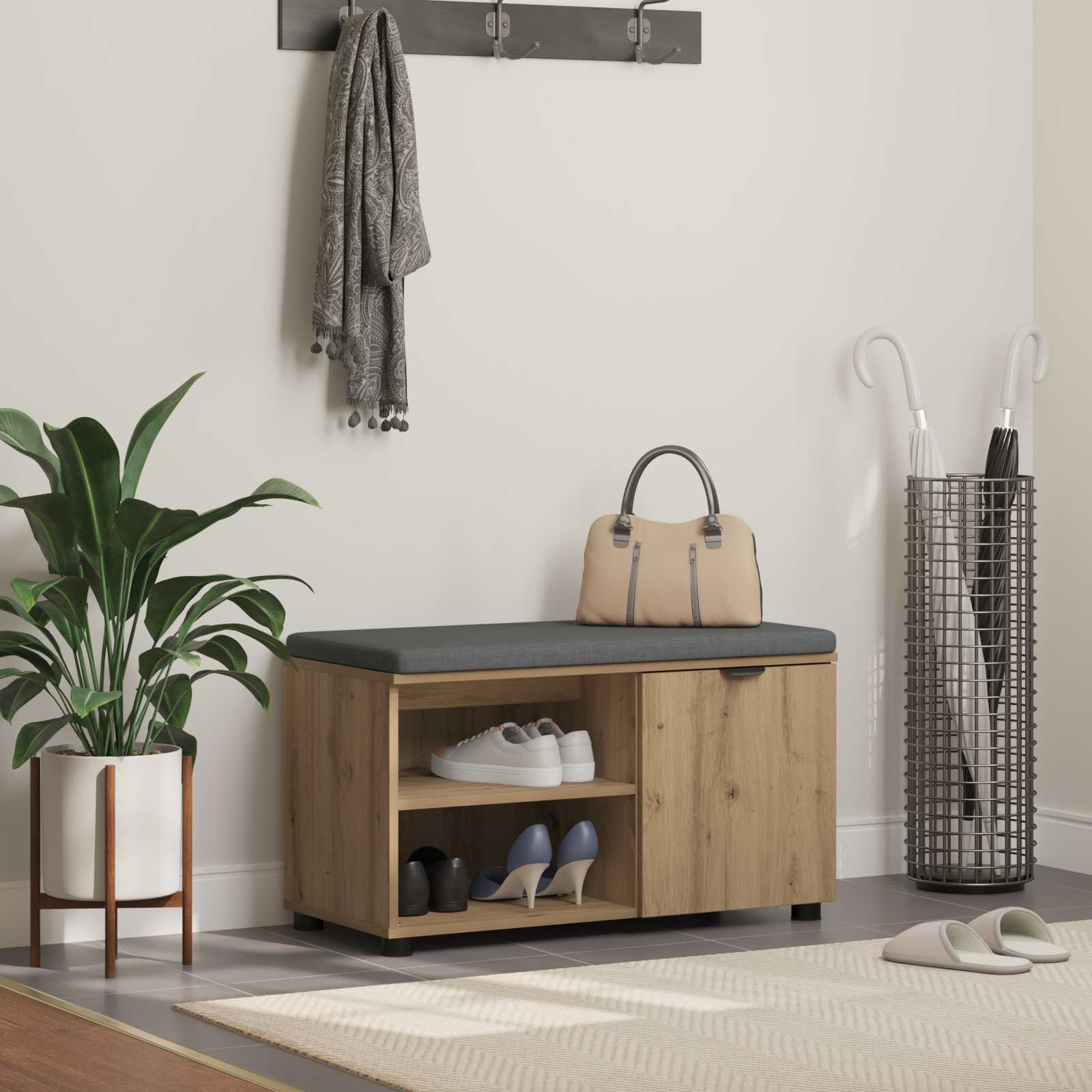 Banc d'entrée avec coussin Uni Chêne artisanal 80 x 38 x 46 cm - XIOS