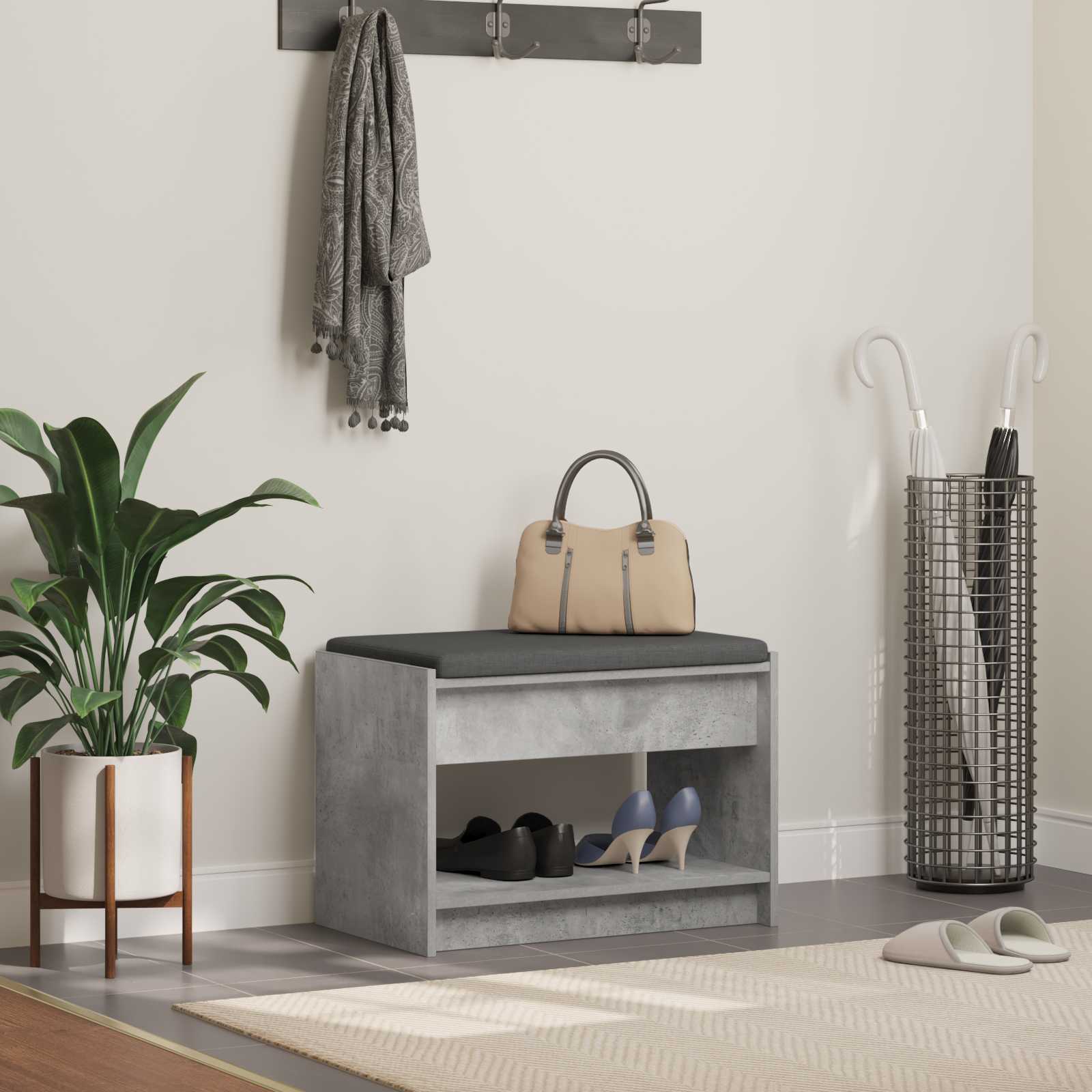 Banc d'entrée avec coussin Gris Béton 63 x 38 x 45 cm
