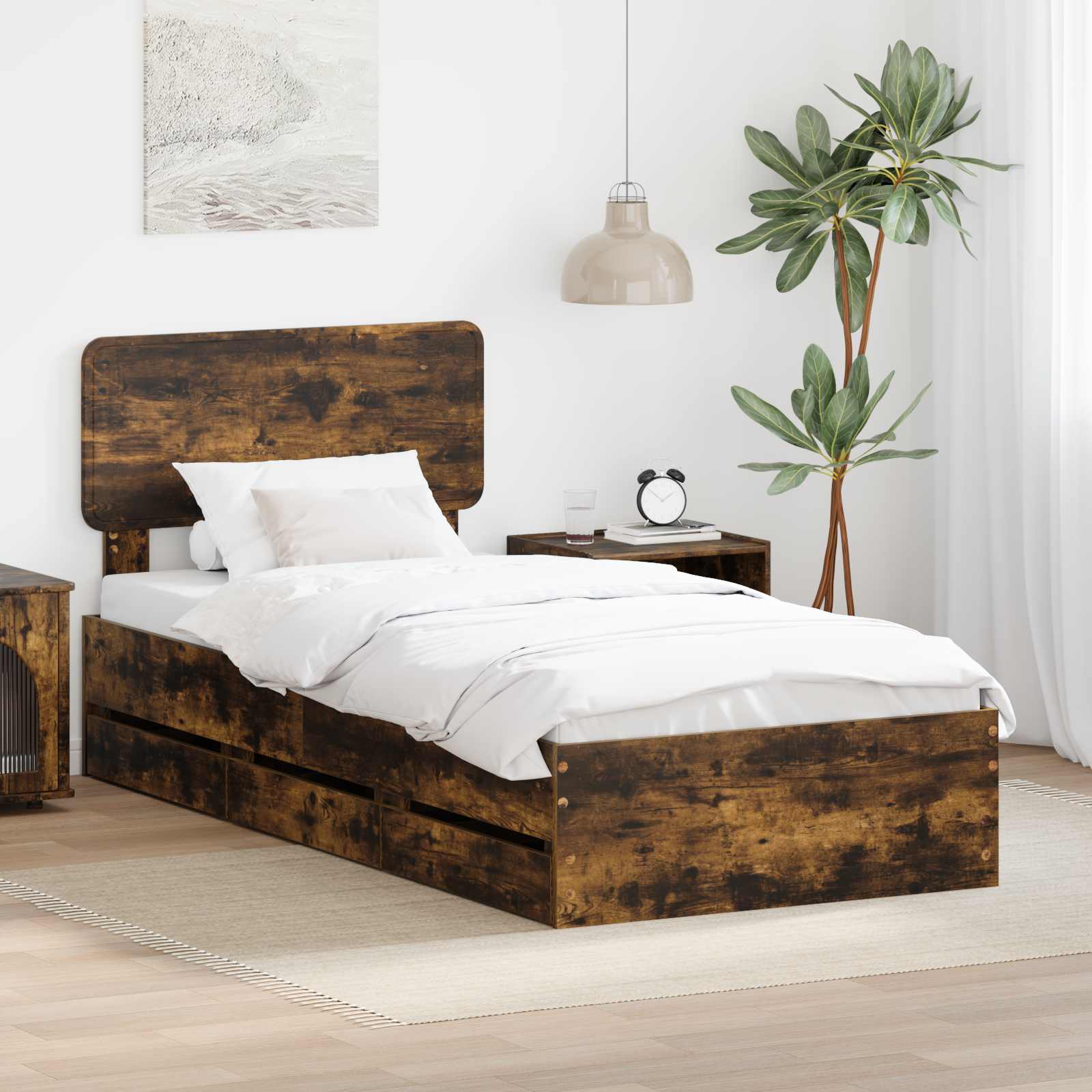Cadre de lit avec tiroir Chêne fumé 90 x 190 cm Bois Ingénierie - XIOS
