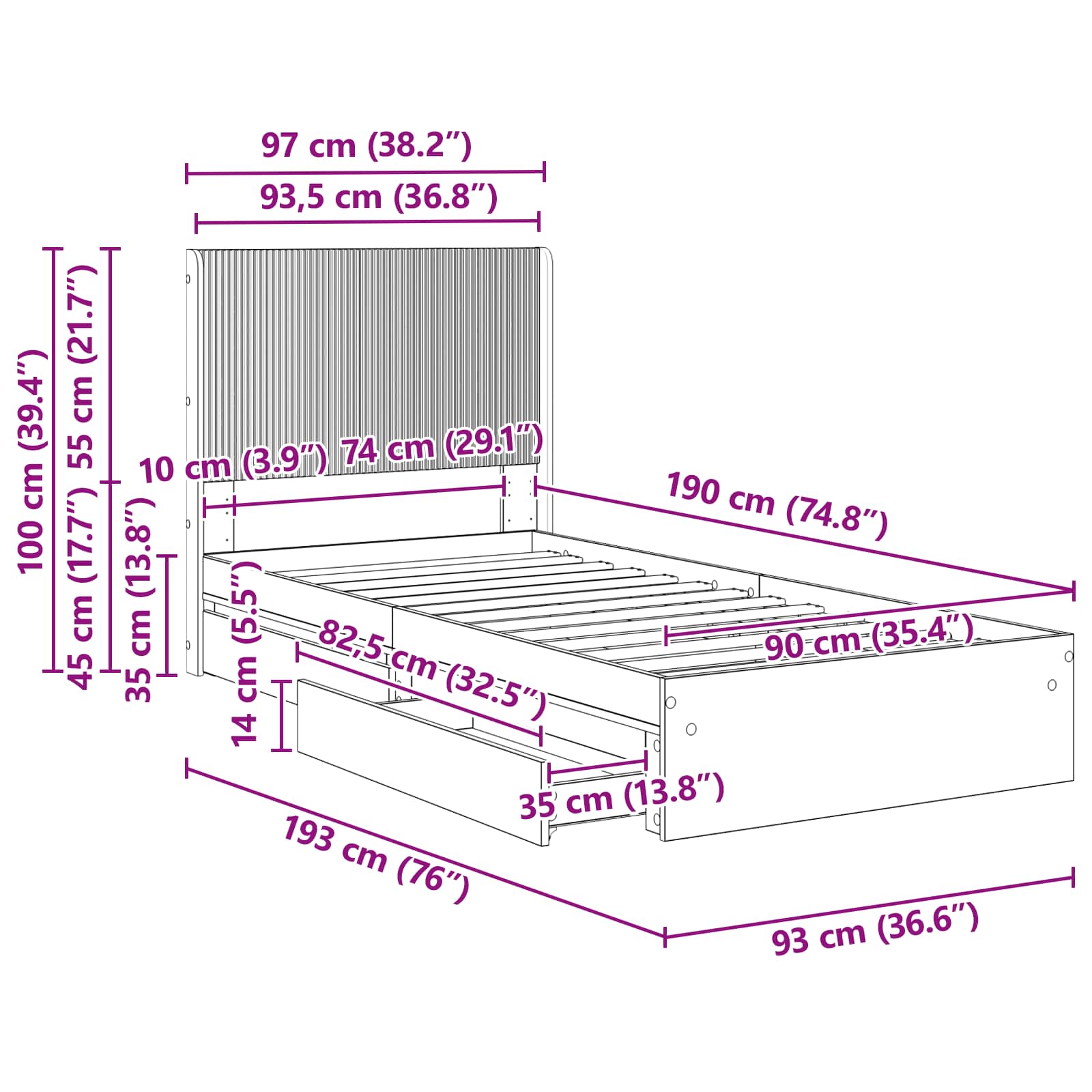 Cadre de lit avec rangement et tête de lit 3 pcs - XIOS