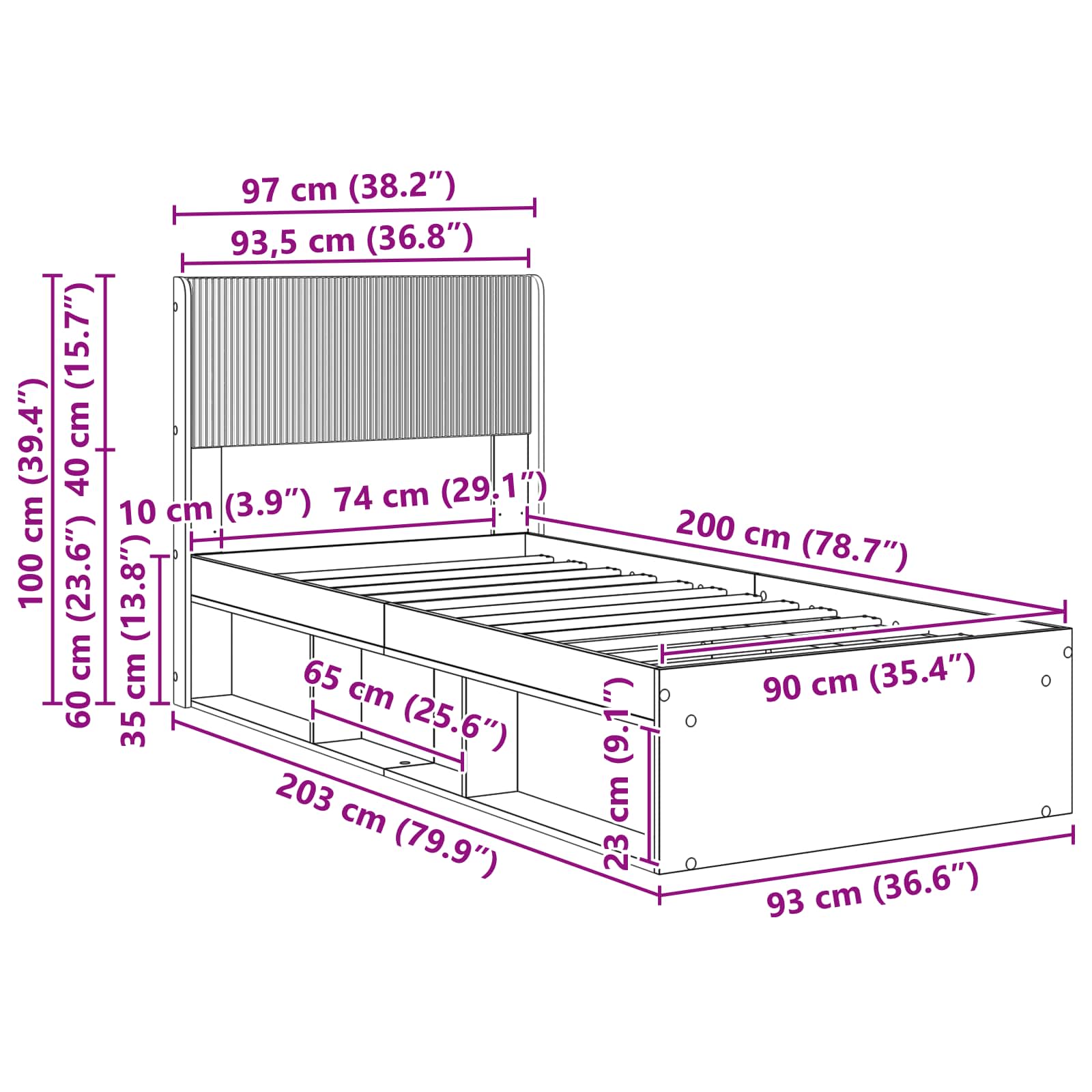 Cadre de lit avec rangement et tête de lit 3 pcs - XIOS