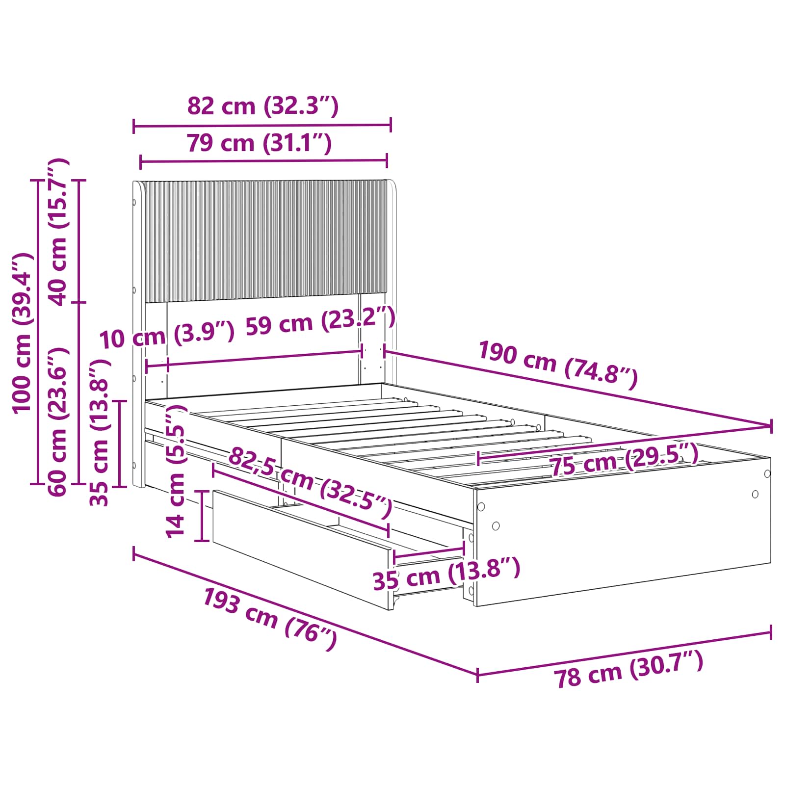 Cadre de lit avec rangement et tête de lit Gris béton - XIOS