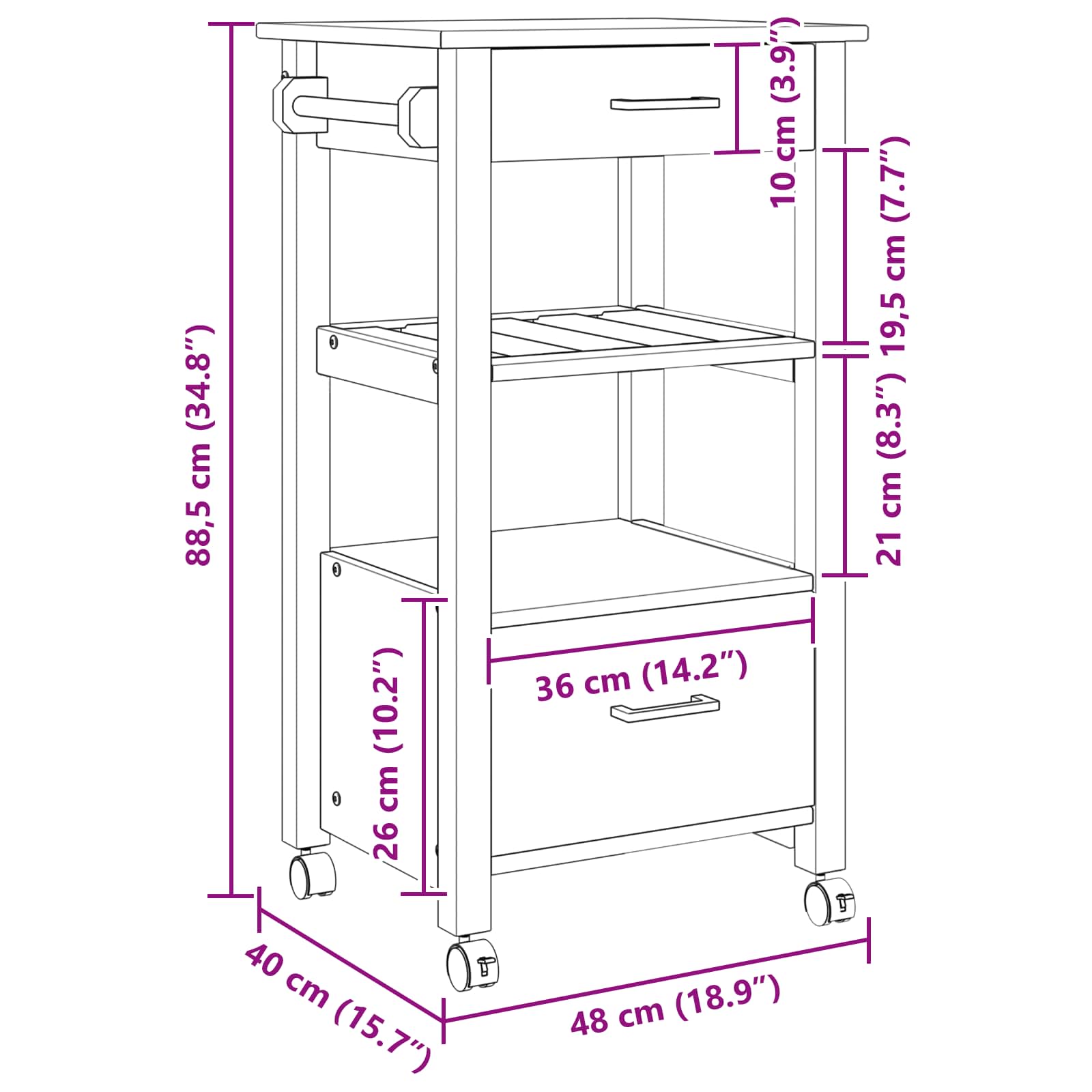 Chariot de cuisine Noir 88,5 x 40 x 48 cm Bois de Pin Massif - XIOS