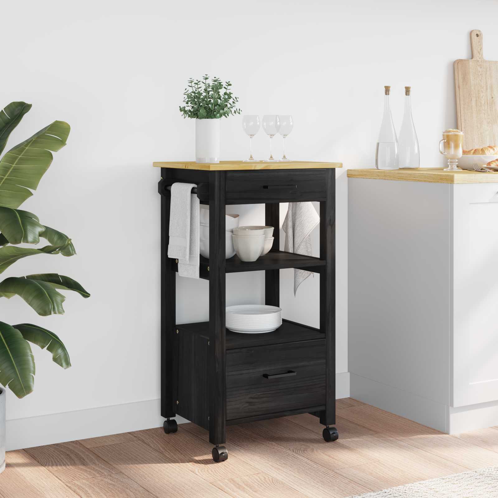 Chariot de cuisine Noir 88,5 x 40 x 48 cm Bois de Pin Massif - XIOS