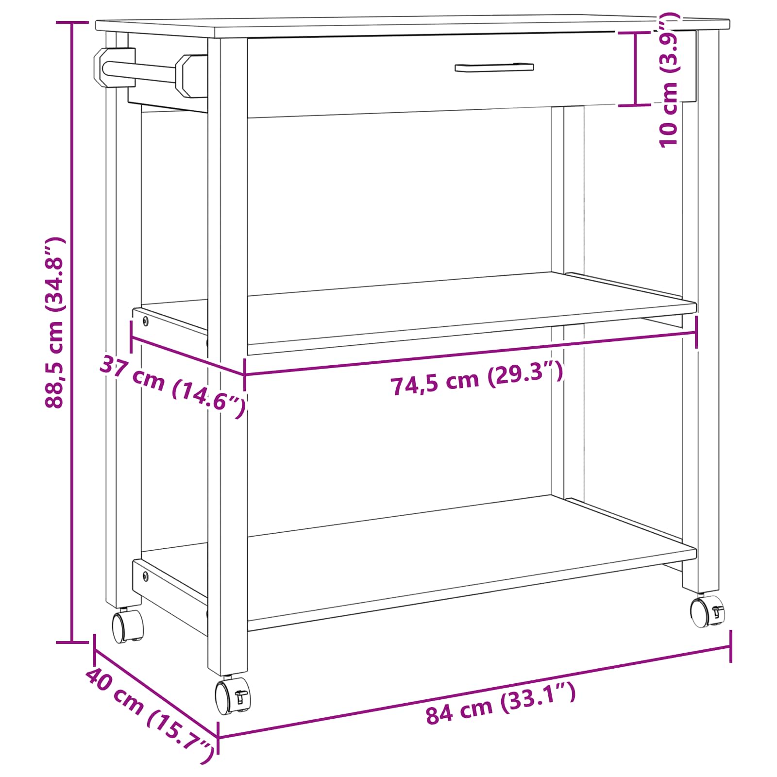 Chariot de cuisine Noir 88,5 x 40 x 48 cm Bois de Pin Massif - XIOS