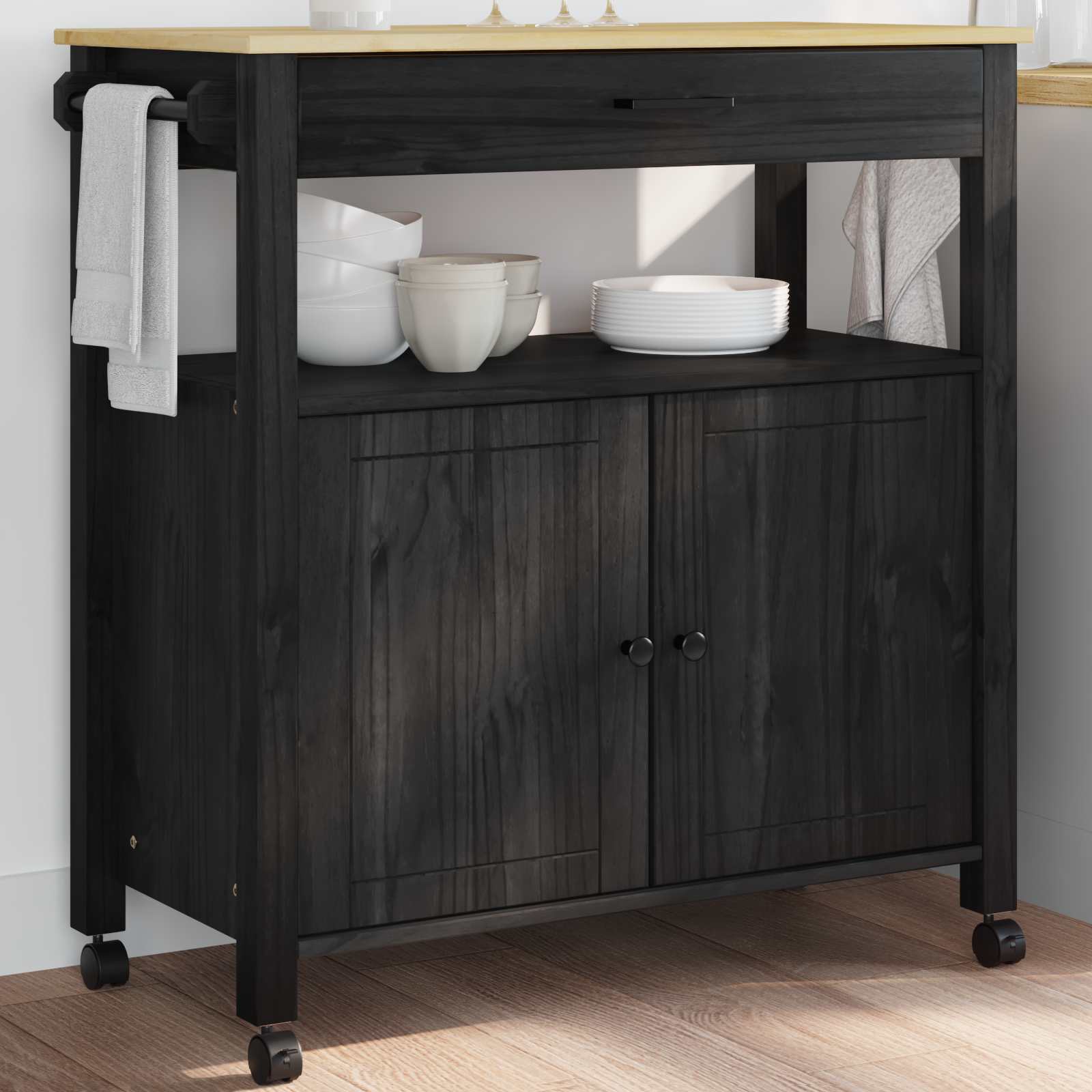 Chariot de cuisine Noir 88,5 x 40 x 48 cm Bois de Pin Massif - XIOS