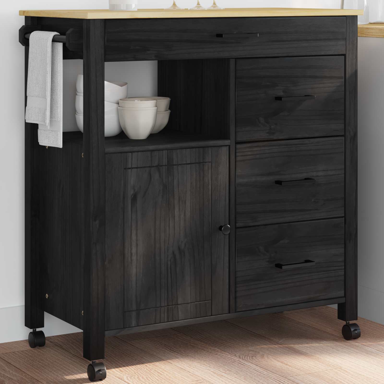 Chariot de cuisine Noir 88,5 x 40 x 84 cm Bois de Pin Massif - XIOS