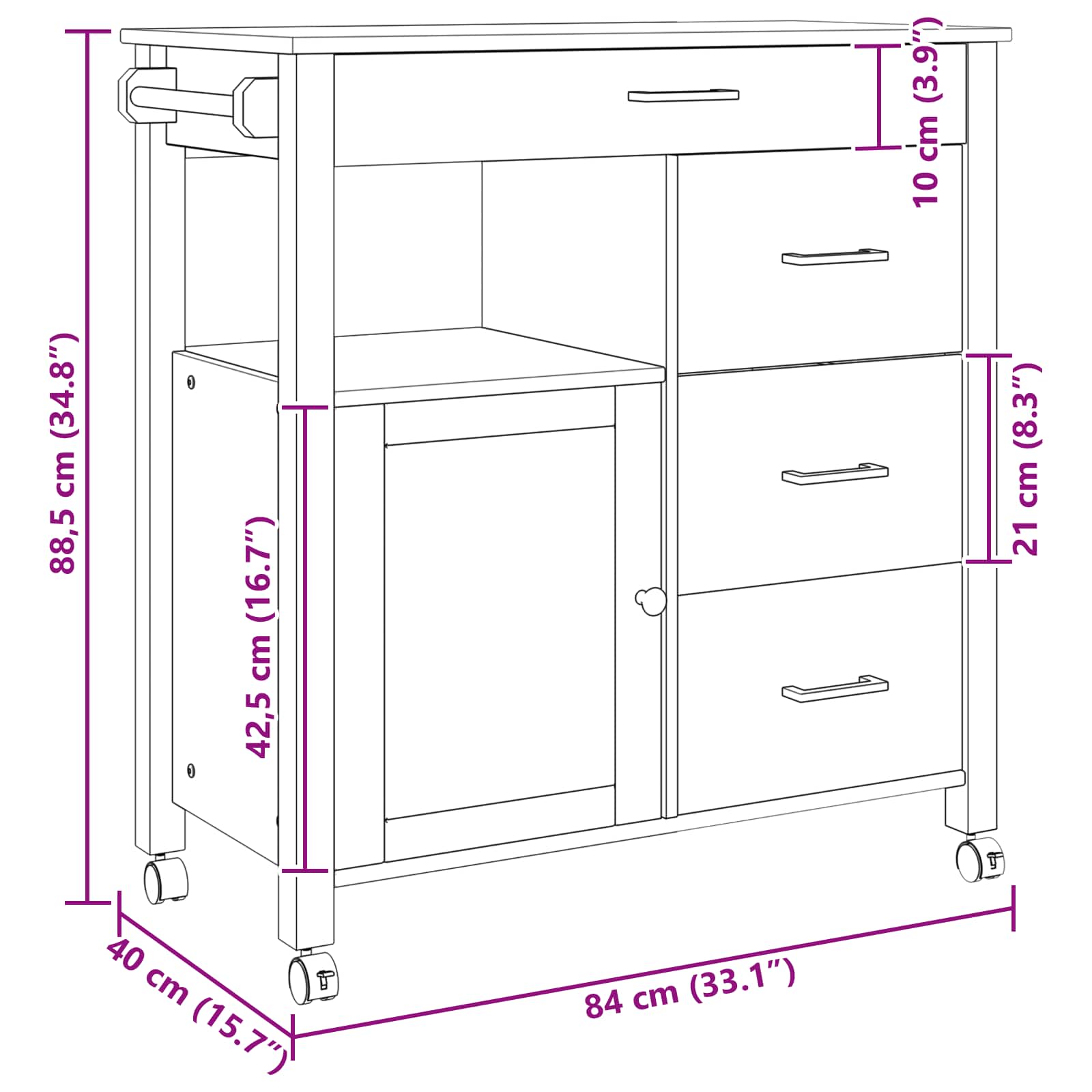 Chariot de cuisine Noir 88,5 x 40 x 84 cm Bois de Pin Massif - XIOS