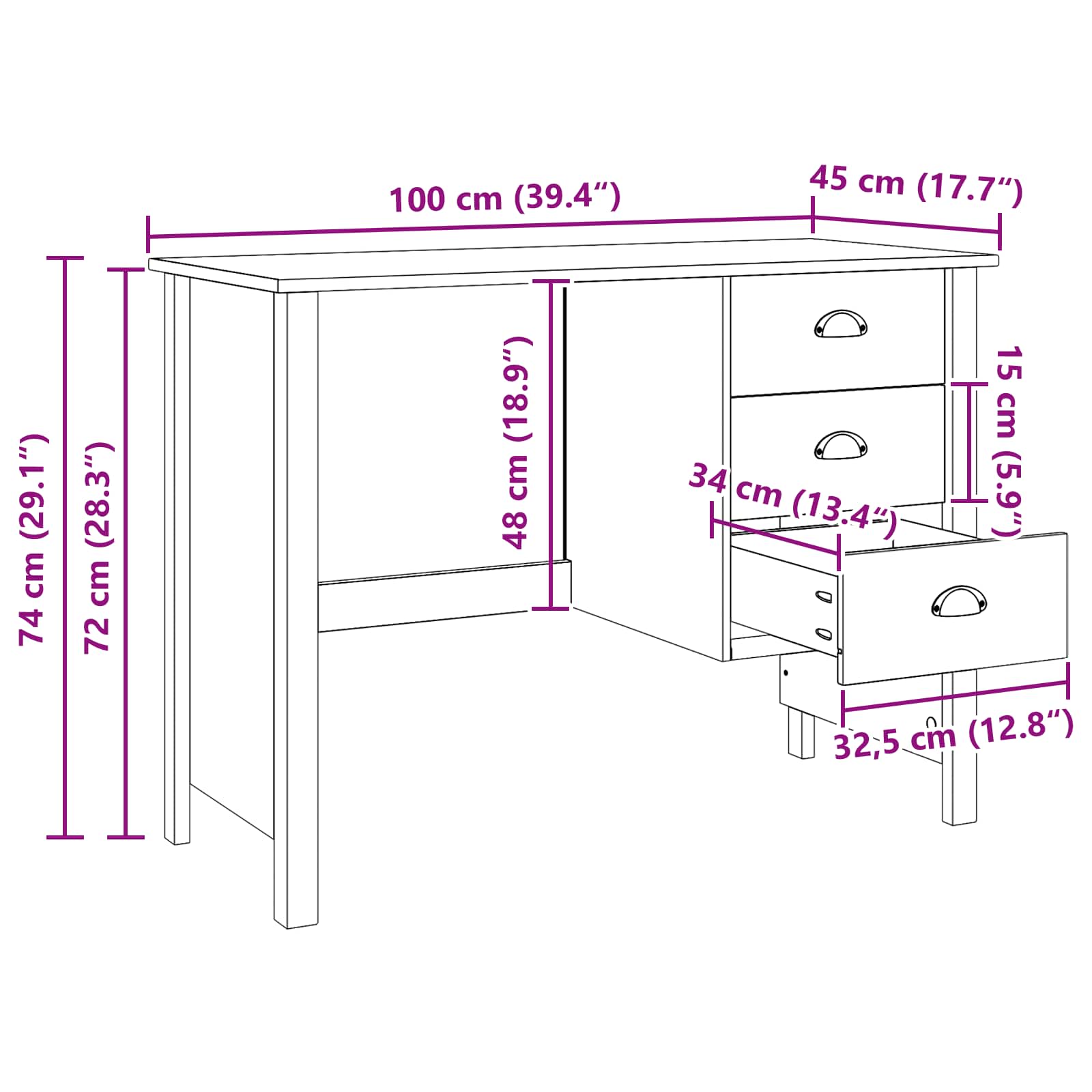 Bureau avec tiroirs Blanc 100 x 45 x 74 cm Bois de Pin Massif - XIOS