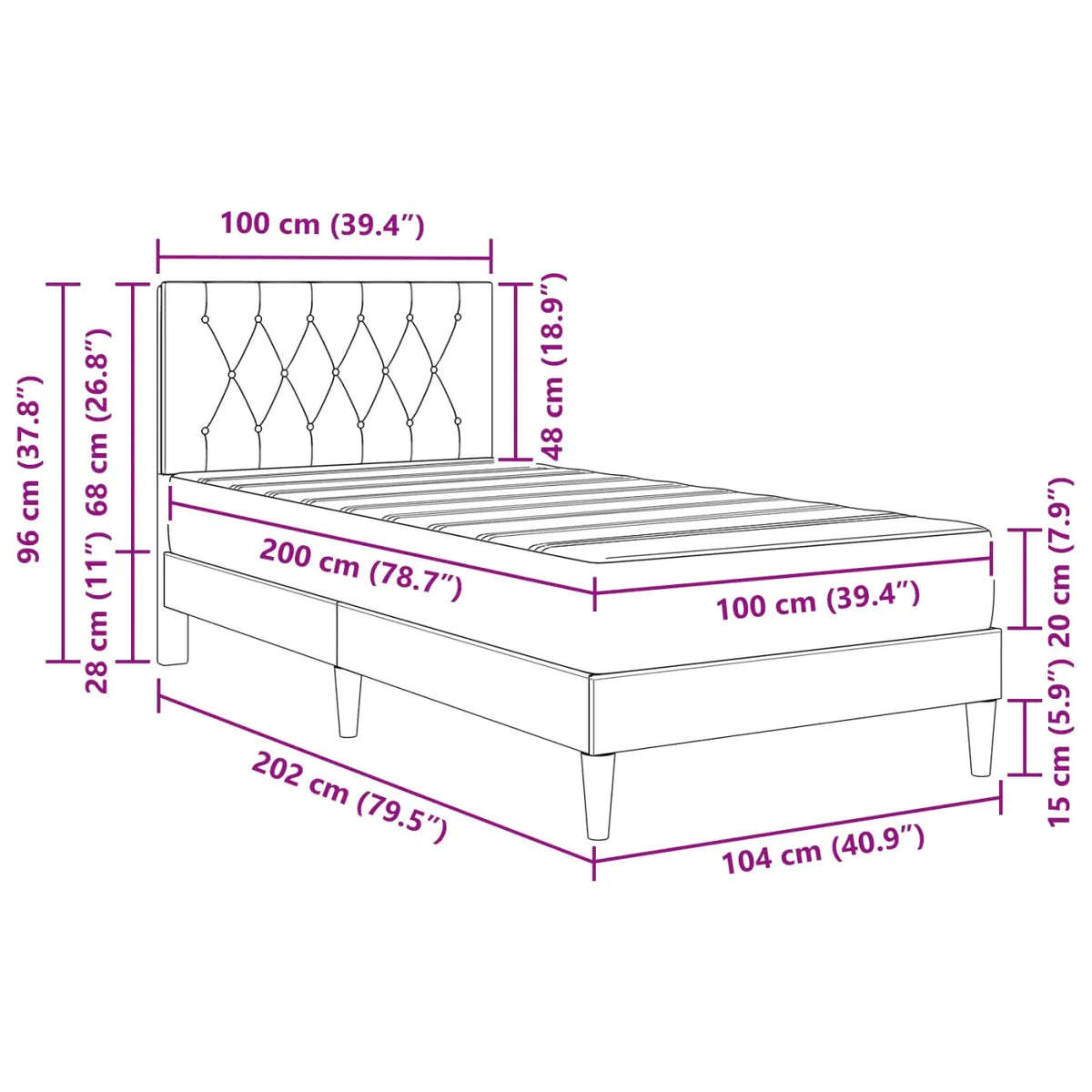 Cadre de lit avec matelas Gris clair 100 x 200 cm Velours - XIOS
