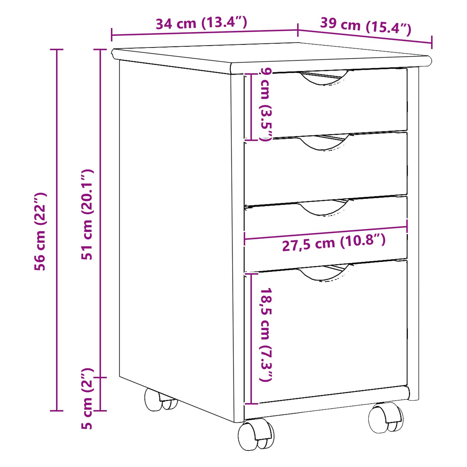 Cabinet roulant MOSS Brun Miel 34 x 39 x 56 cm Pin massif - XIOS