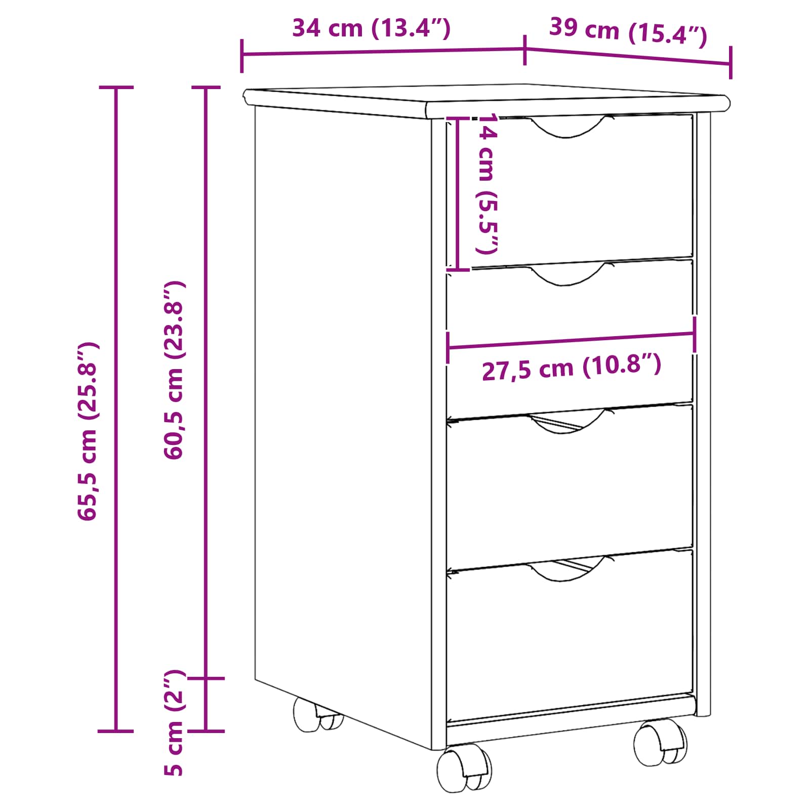 Cabinet roulant Blanc 34 x 39 x 65,5 cm Bois de Pin Massif - XIOS