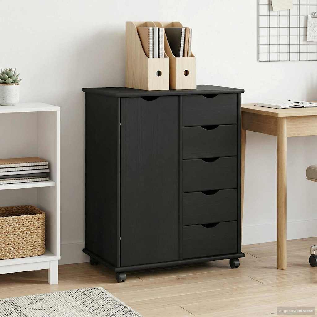 Cabinet roulant Noir 63,5 x 39 x 79 cm Bois de Pin Massif - XIOS